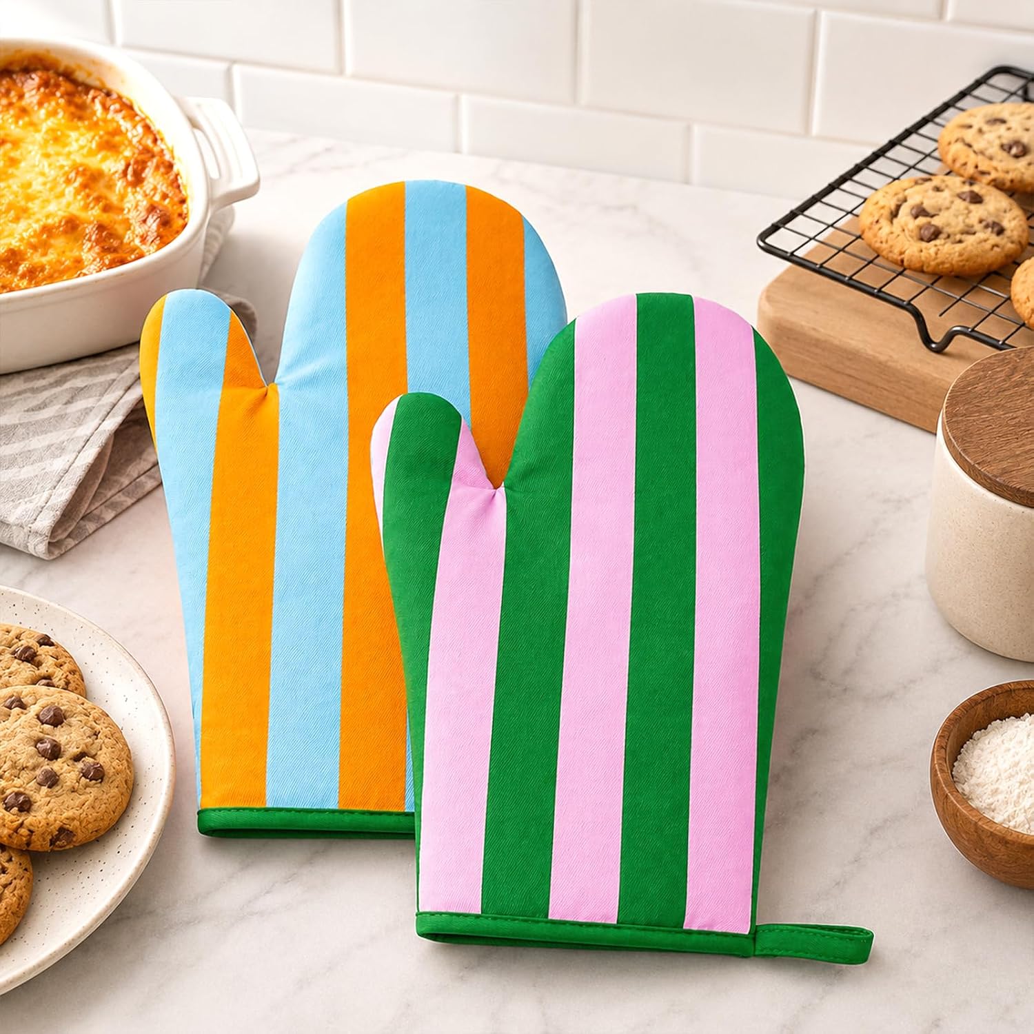 FYSUIMU 2Pack Cabana Stripe Oven Mitt Double-Sided, Pink Blue Orange Green