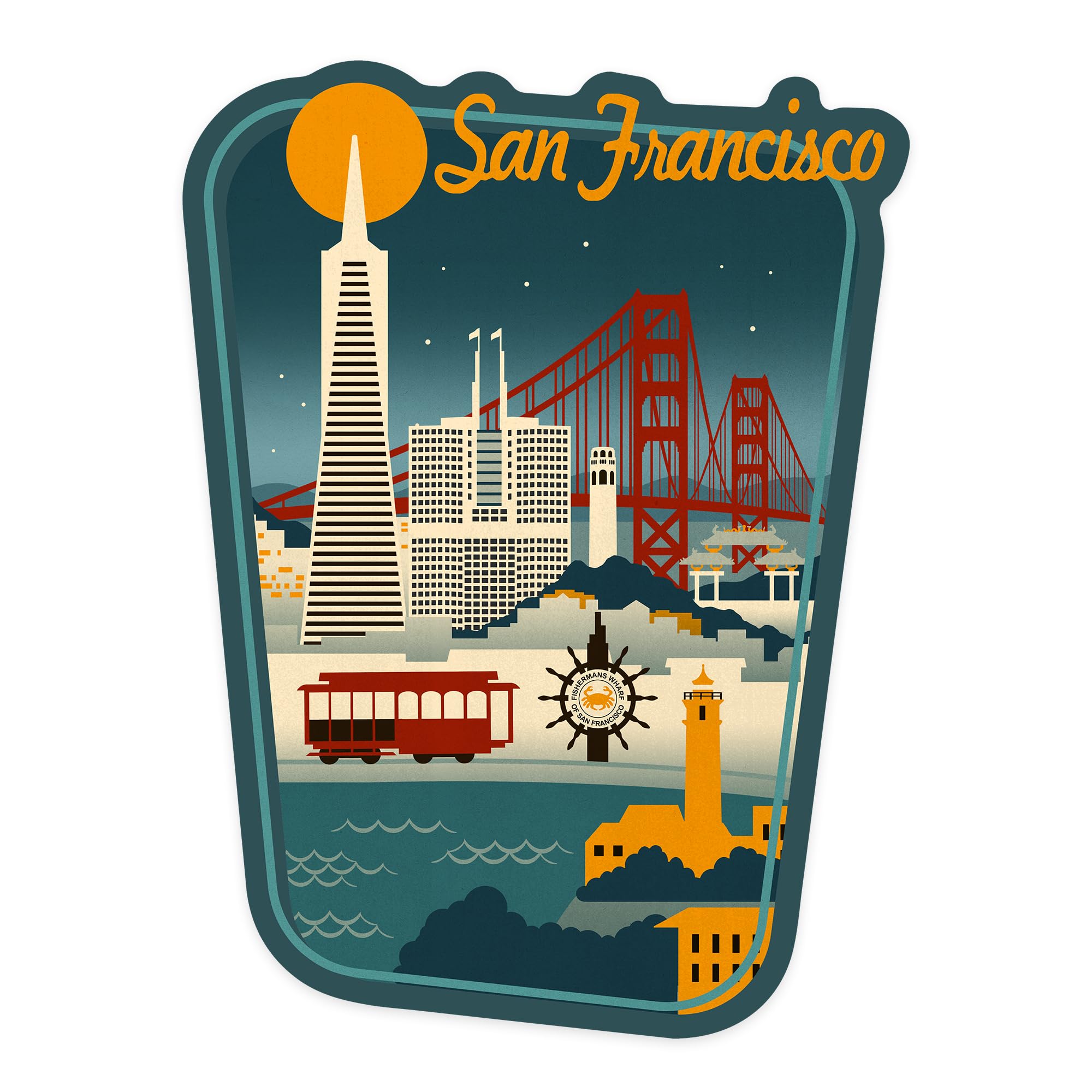 Lantern Press Sticker San Francisco, California, Retro Skyline, Die Cut Vinyl, (Waterproof Decal for Cars, Water Bottles, Laptops, Coolers), Small