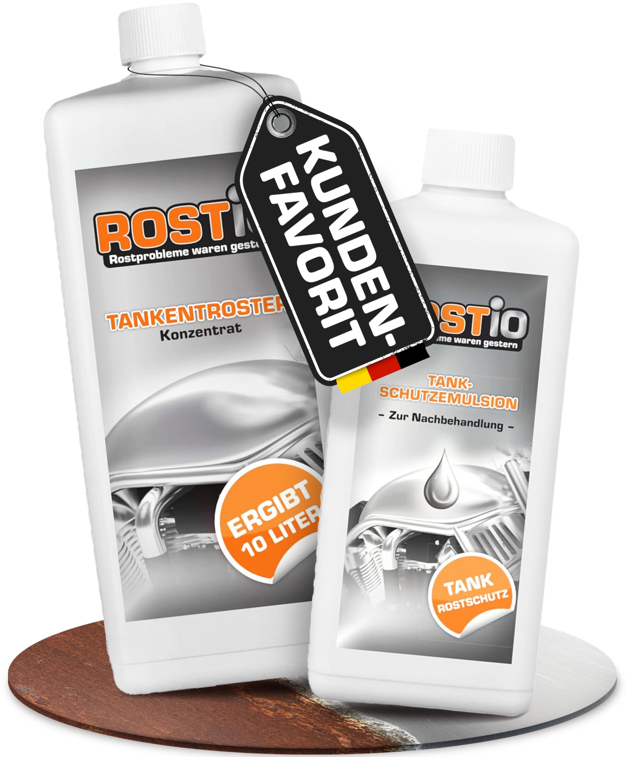 Rostio Tankentroster Set 1L + 500ml Tank-Schutzemulsion – Entroster-Konzentrat 1:10 verdünnbar – für Tanks bis 10L – entfernt Rost vollständig – Schutzfilm gegen Flugrost – Tankpflege & Sanierung