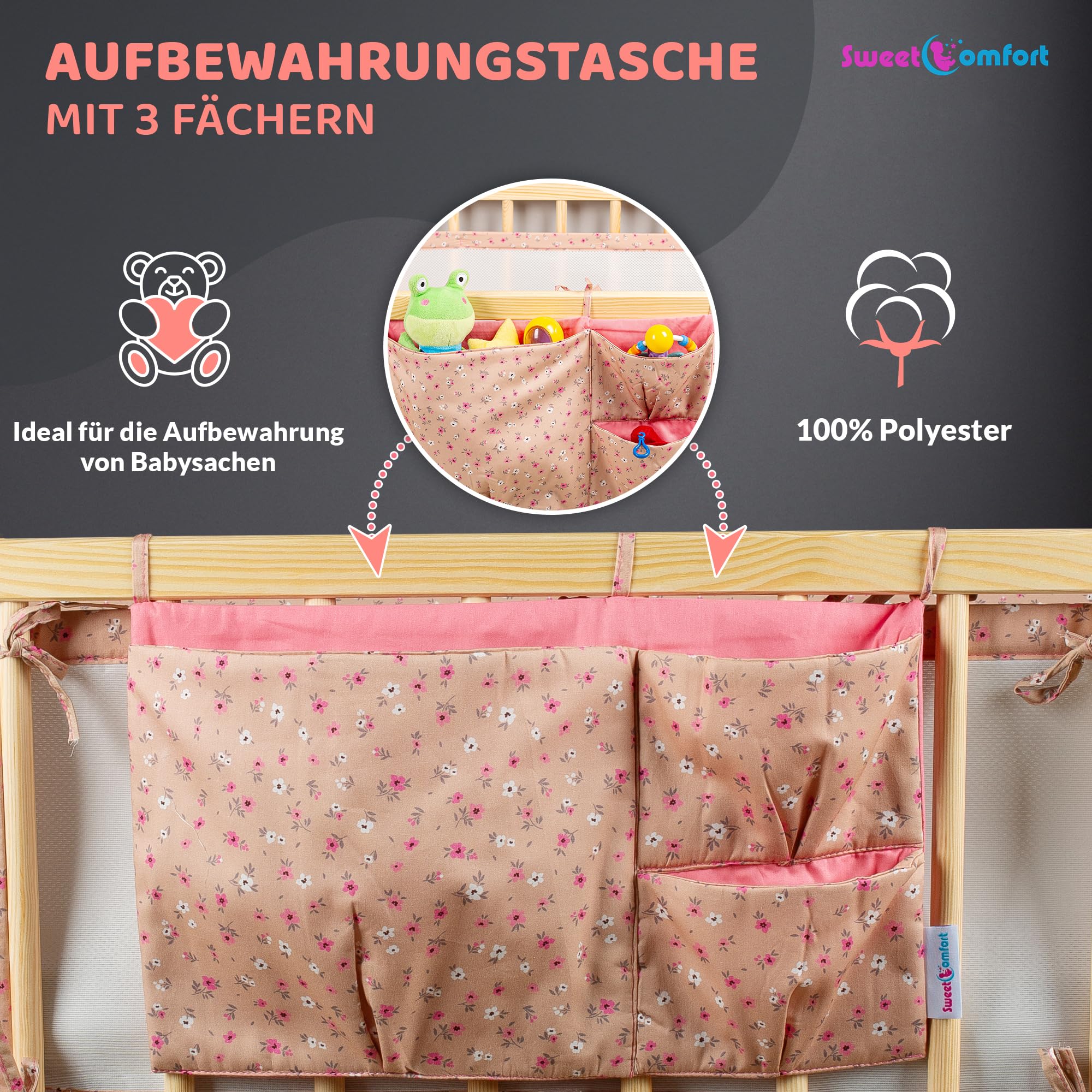SweetComfort Babybettumrandung: Atmungsaktiv mit Aufbewahrungstasche - Passend für Babybetten 60x120 und 70x140 cm - Blumiges Rosa - Verstellbare Klettverschlüsse - für 3- bis 4-seitige Gitterbetten