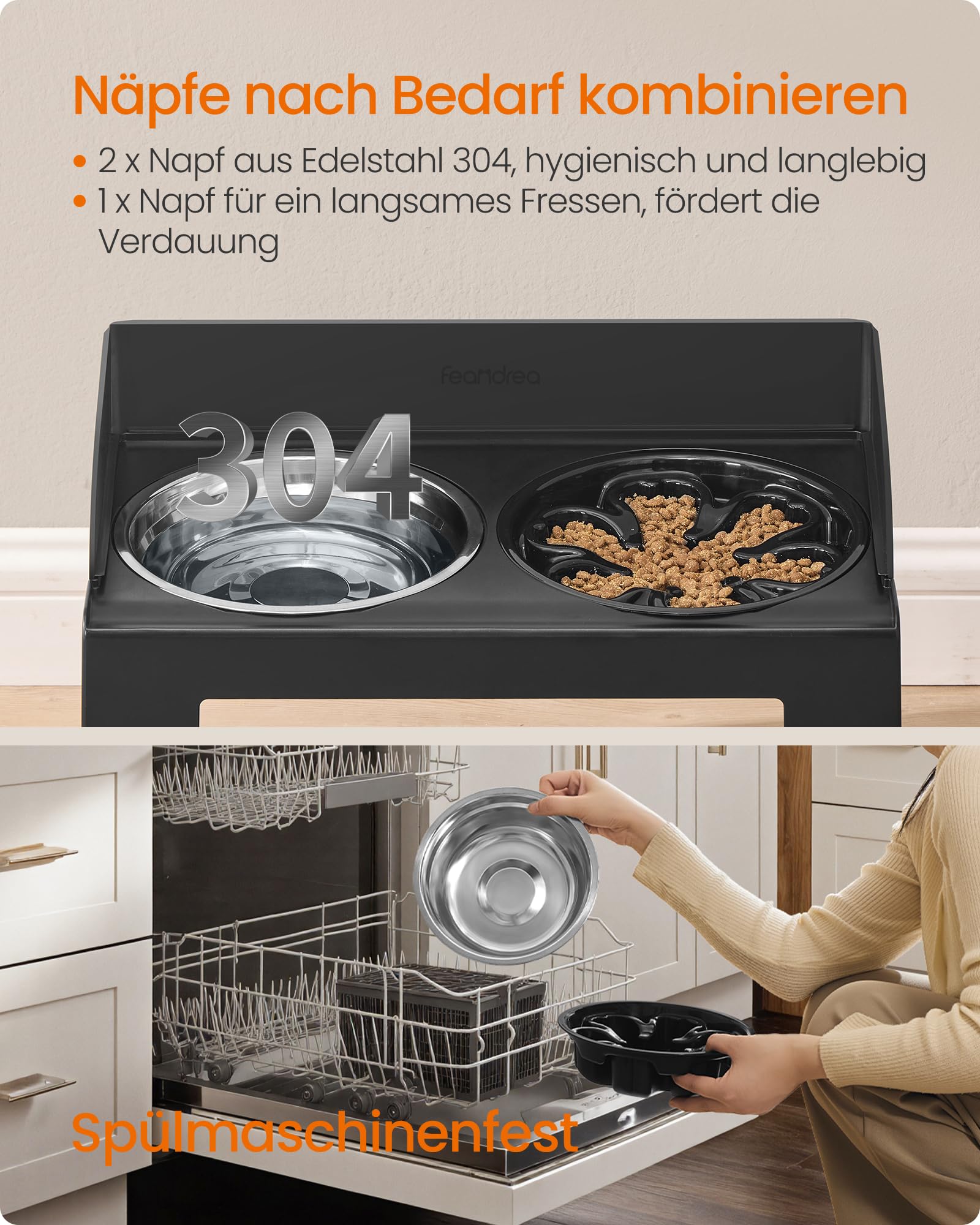 Feandrea Hundenapf erhöht, Futternapf mit Gestell, Fressnäpfe, höhenverstellbar und neigbar, Futterstation, 2 Näpfe aus Edelstahl 304, 1 Napf für EIN langsames Fressen, tintenschwarz PRB103B01