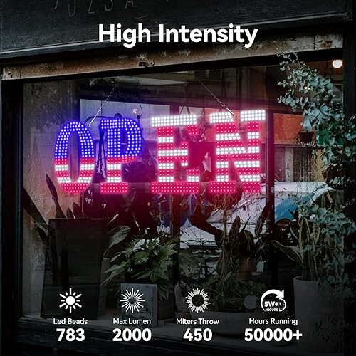 Miniatura 3 de LemonNova Letrero abierto con la bandera de Estados Unidos, letrero abierto grande de 40 x 14 pulgadas con 13 modos de escena, letrero abierto para