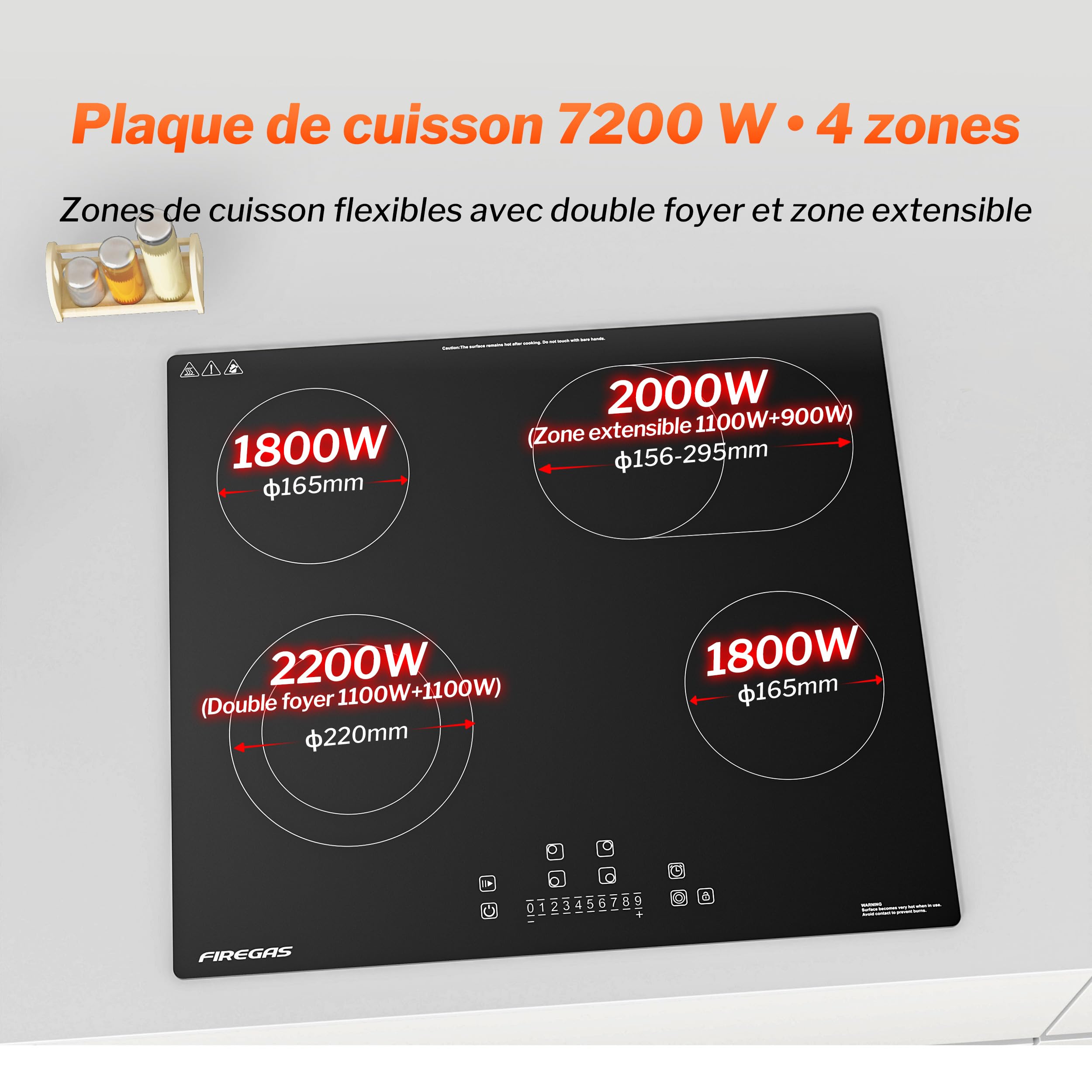 FIREGAS Plaque de Cuisson Électrique Vitrocéramique 4 Feux Encastrable 7200W Zones Duales Ovales Contrôle Tactile Minuteur