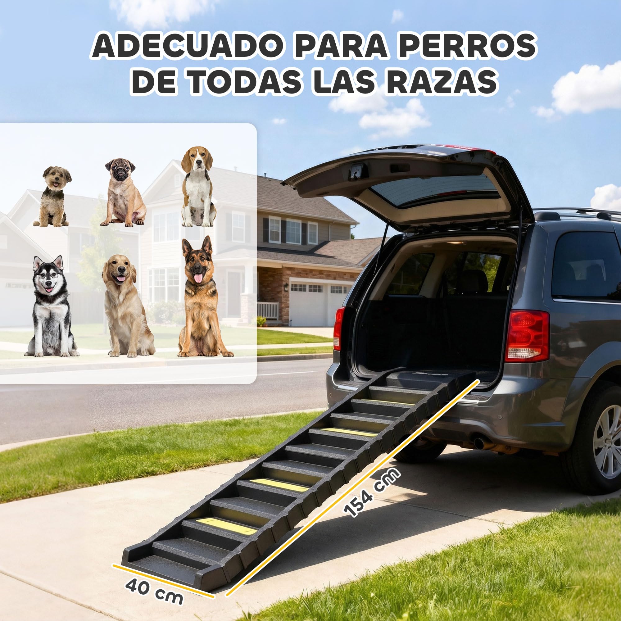 PawHut Rampa para Perros Plegable, 154 cm, Rampa para Perros para Coche y Cama Alta con 10 Escalones Antideslizantes, Ligera y Resistente, Carga 68 kg, para Sofá, Negro