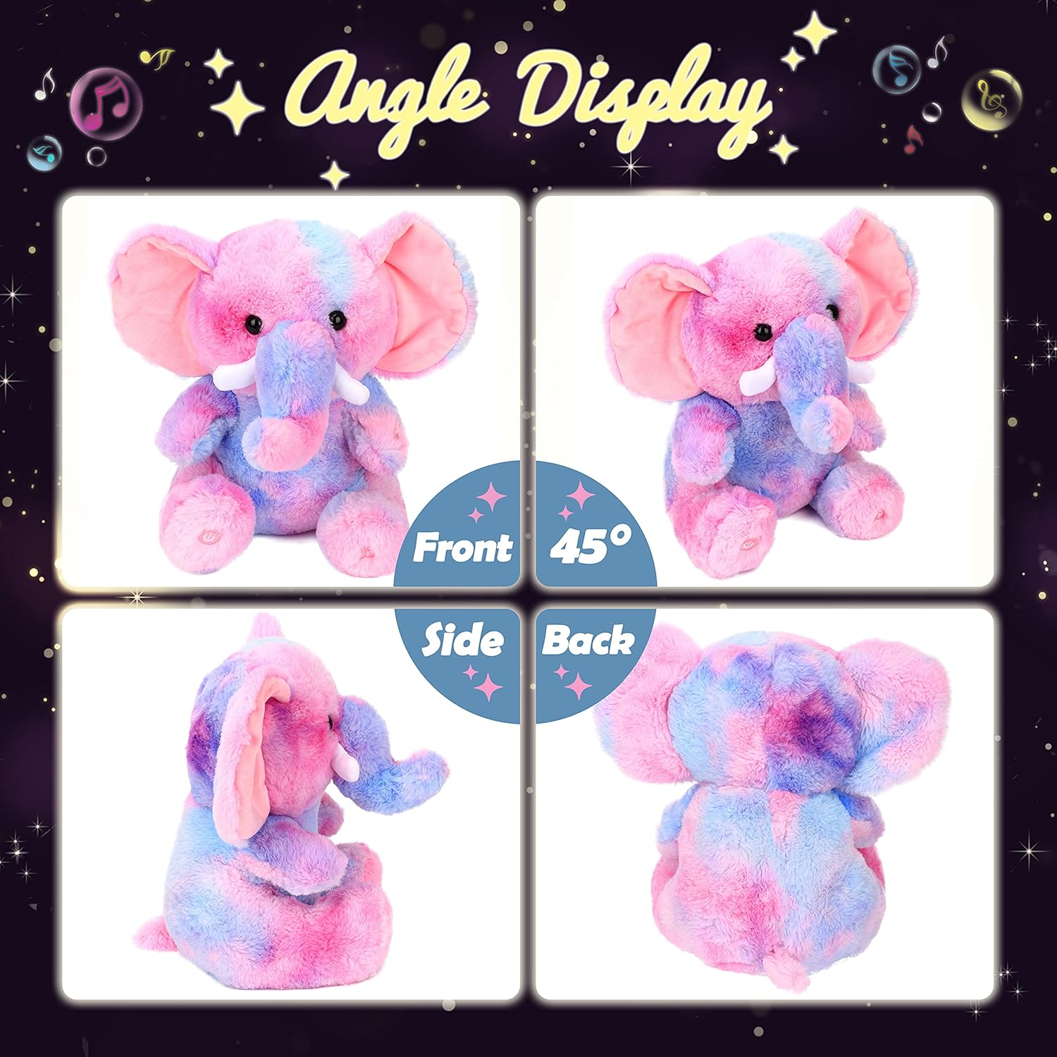 Hopearl Colorful LED Musical Stuffed Elephant Light up Singing Plush Elephish Adjustable Volume Lullaby Animated Soothe Birthday Festival for Kids Toddlers, Rainbow, 11''