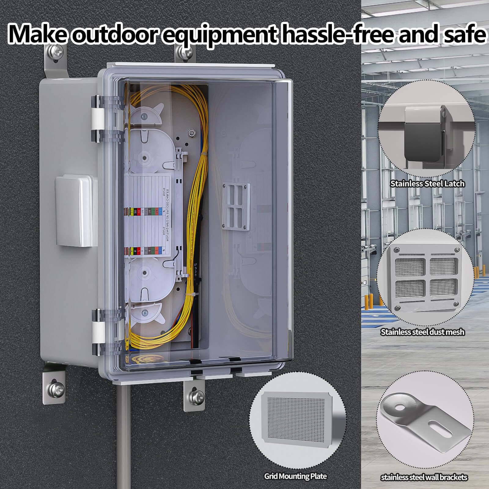 Scatola di derivazione elettrica in ABS, design ventilato, passacavi, recinzione impermeabile IP65, uso interno/esterno con pannello di montaggio. (copertura trasparente, 28 x 18,8 x 14 cm)