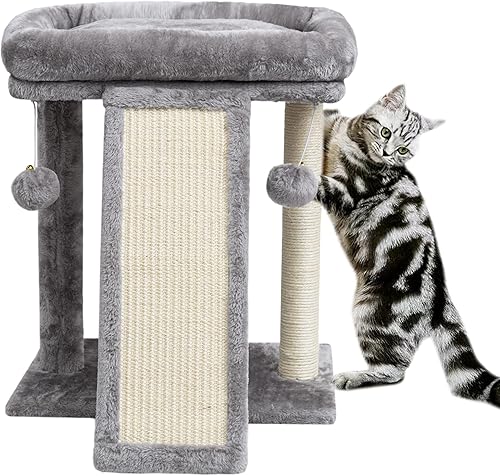 SYANDLVY Poste rascador pequeño para gatos de interior, tabla de rascar para gatos, 2 bolas colgantes ideales para gatitos (gris claro)