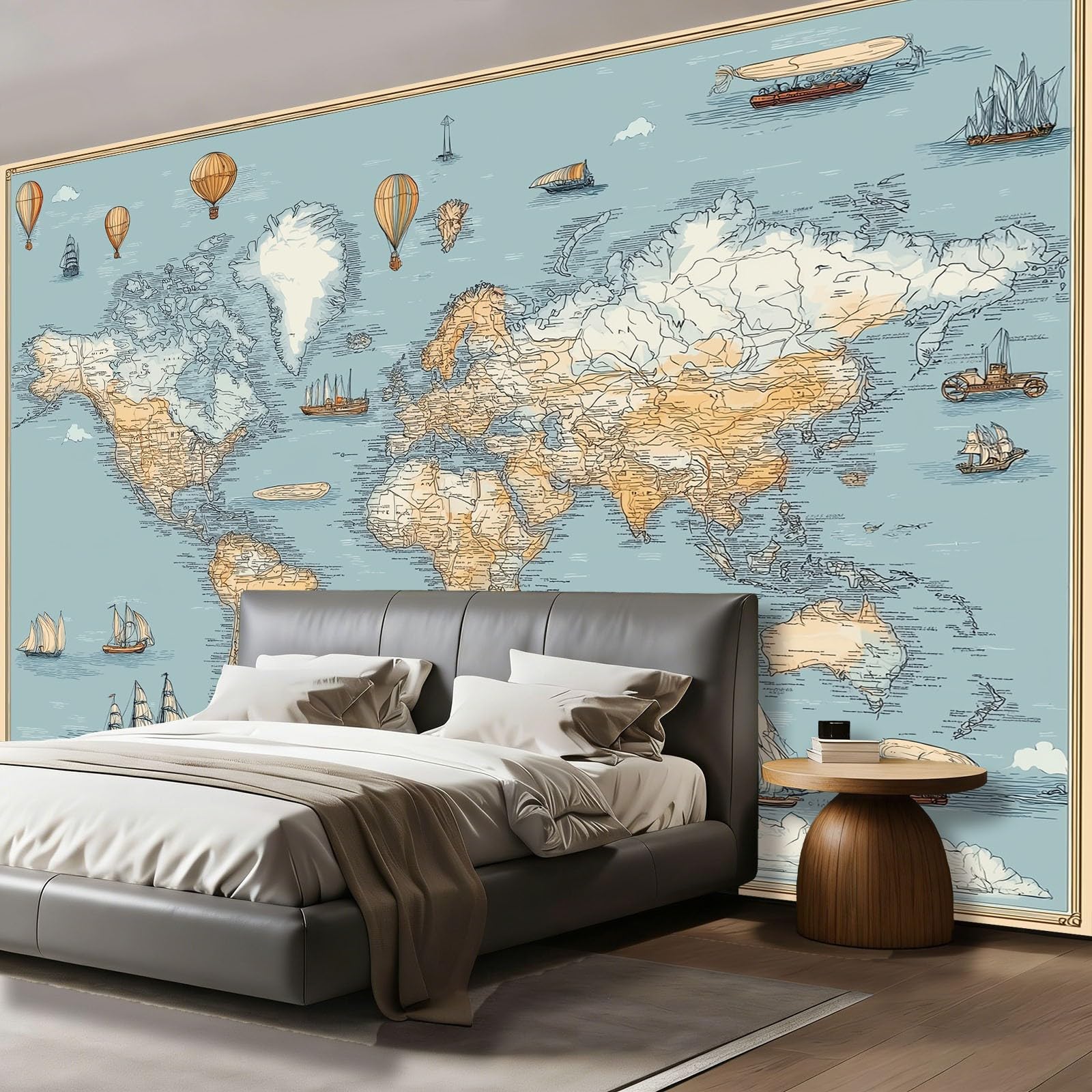 Fototapeta 250 x 175 cm, retro mapa świata, dekoracja z włókniny do pokoju dziewczęcego i korytarza, jasnoniebieskie