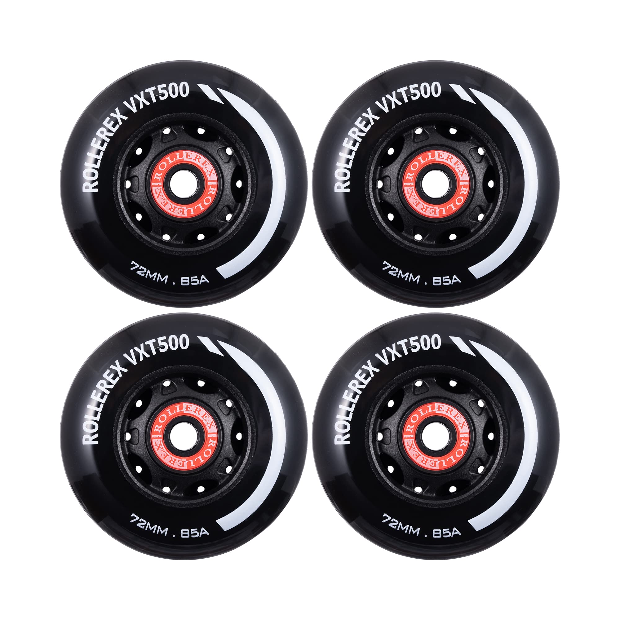 Rollerex VXT500 Inline Skate Wheels – 4-Pack (Optional Bearings, Spacers and Washers) - Durable Replacement Roller Blade Wheels for Indoor & Outdoor Skating (72mm, Steel Black)