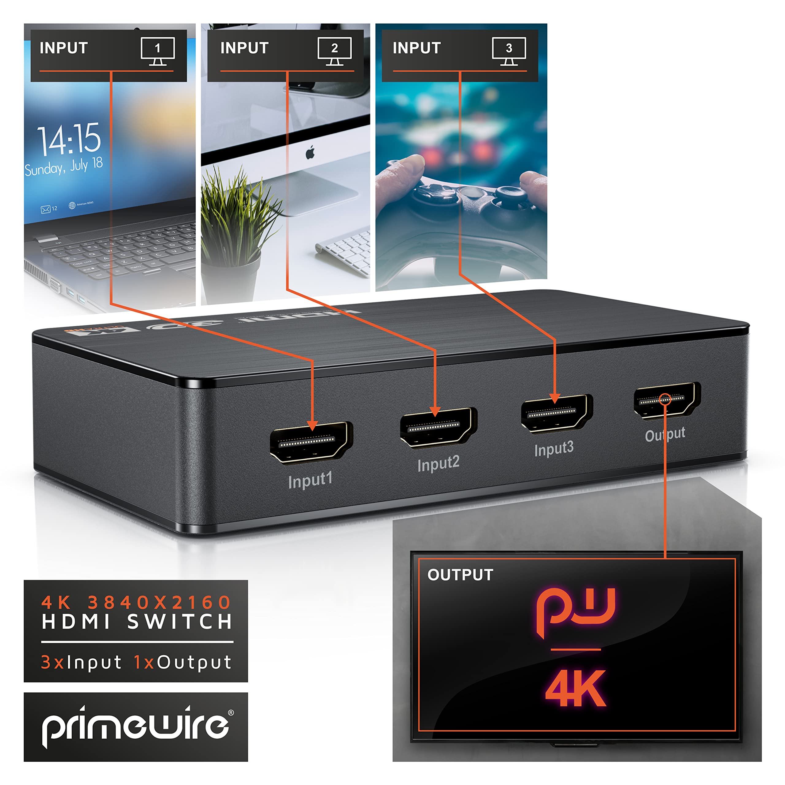 CSL - HDMI 2.0 Verteiler 4k 60Hz - 3 Port Switch mit Fernbedienung - 2.0b Ultra HD 4096x2160 3840x2160 - HDR - 3D Ready - HDCP - 48 Bit Deep Color - automatische Umschaltung -mit Netzteil