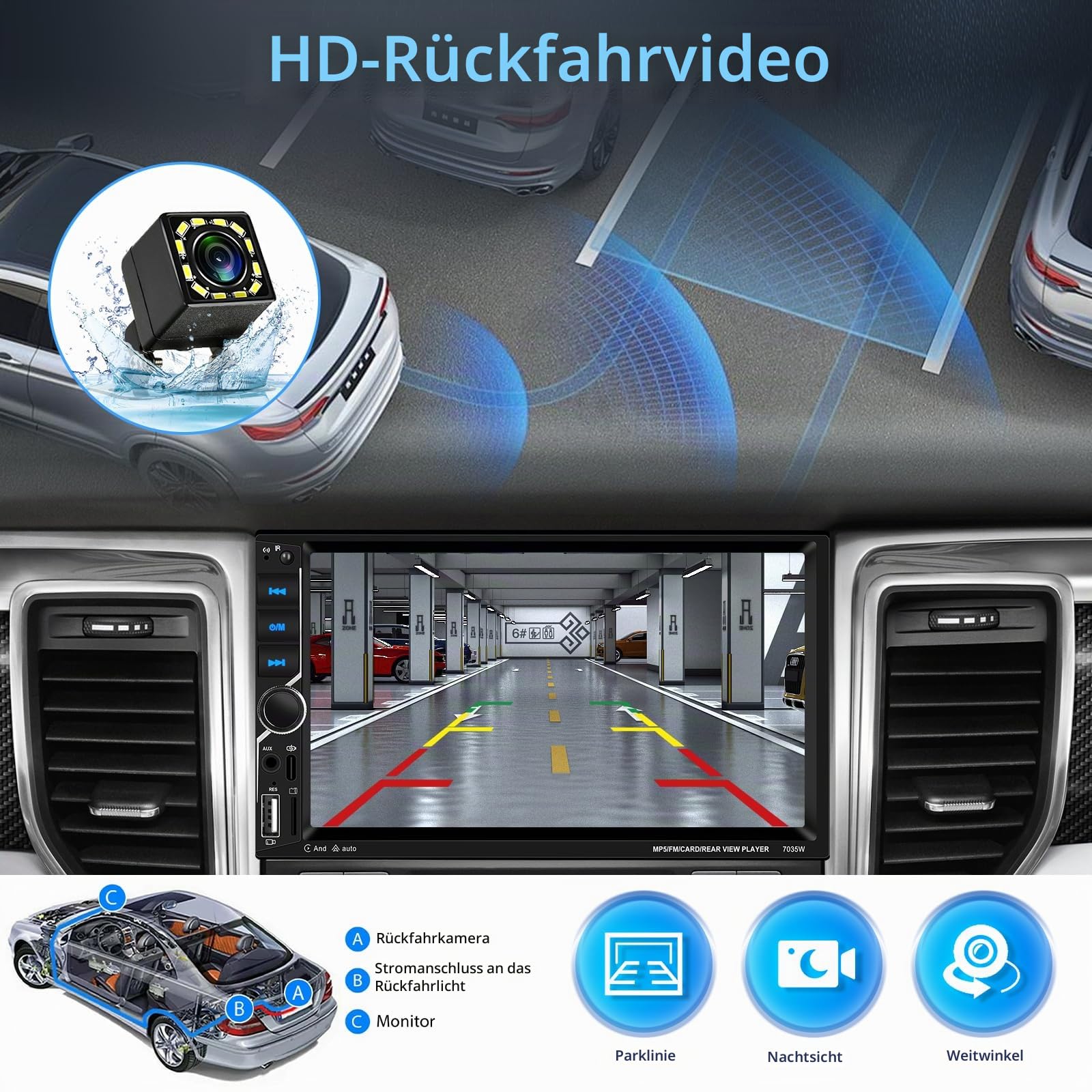 2 Din Carplay Car Stereo Bluetooth 5.1, 7 Zoll HD Touchscreen Autoradio Android Auto, Unterstützung MirrorLink, FM Radio, USB, AUX, Laden + Rückfahrkamera
