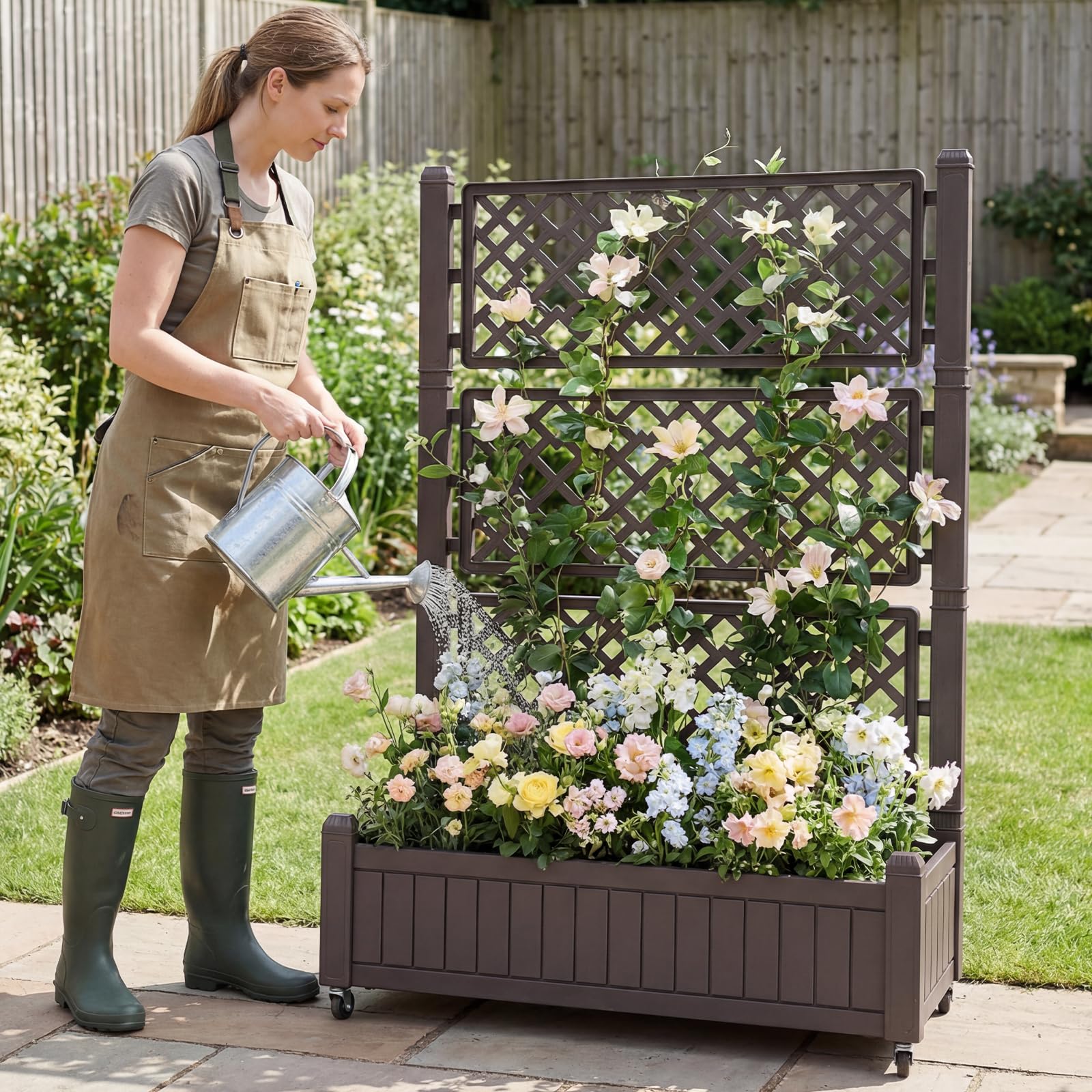 COSTWAY Jardinera Elevada con Enrejado, Cama de Jardín Elevada con Ruedas, Tapón y Medidor para Verduras y Plantas Trepadoras, Macetero Grande de PP para Exterior Jardín y Balcón, 108 x 45 x 155 cm