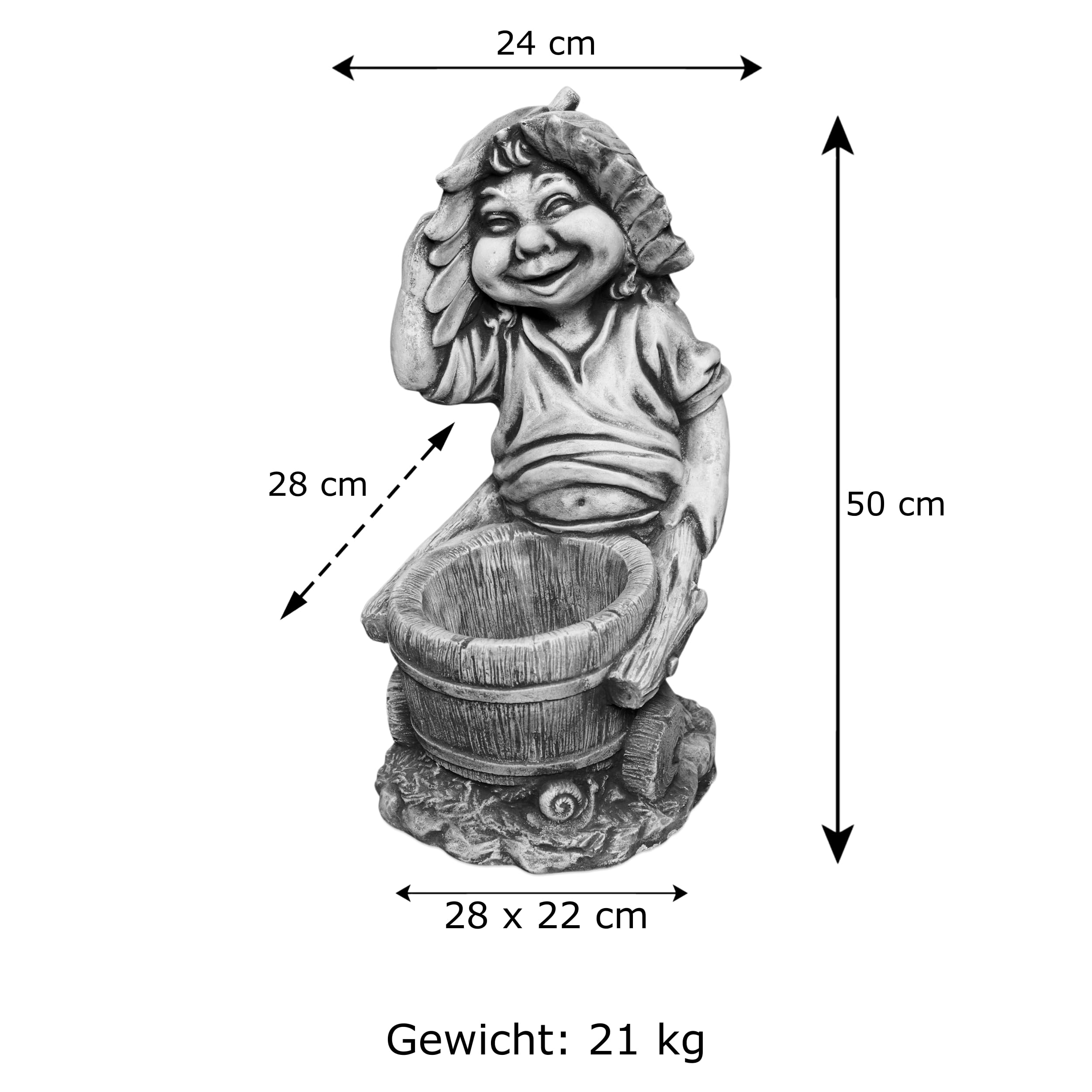 gartendekoparadies.de Gnom mit Schubkarre, Steinfigur Wichtel, H. 50 cm, 23 kg, Grau, frostsicher aus Steinguss für Außenbereich