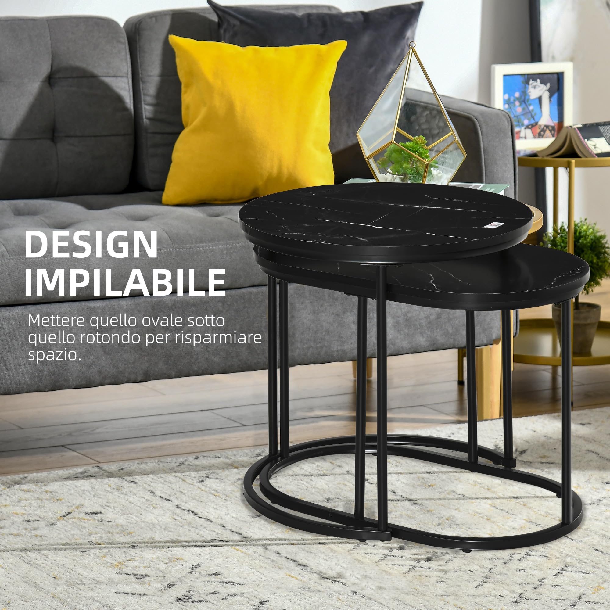 HOMCOM Tavolino Salotto Sovrapponibili con Piano Effetto Marmo, Tavolino da Salotto Moderno con Piedini Regolabili in MDF e Acciaio, per Soggiorno, Camera da Letto, Nero
