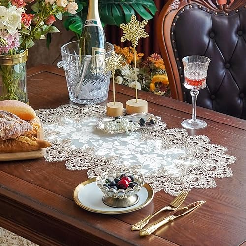 Miniatura 3 de ARTABLE Manteles individuales redondos de encaje bordados para decoración del hogar, mesa de comedor (16 x 36 pulgadas, ovalado, marrón claro)