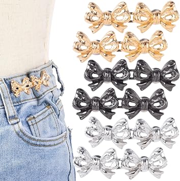 6 Sets Adjustable Waist Tightener Button for Women, No Sewing Bow Waist Pin Button, Detachable Alloy Bowknot Jeans Clip Buckles for Pants Skirt Waist Too Loose Big- Silver & Gold & Black