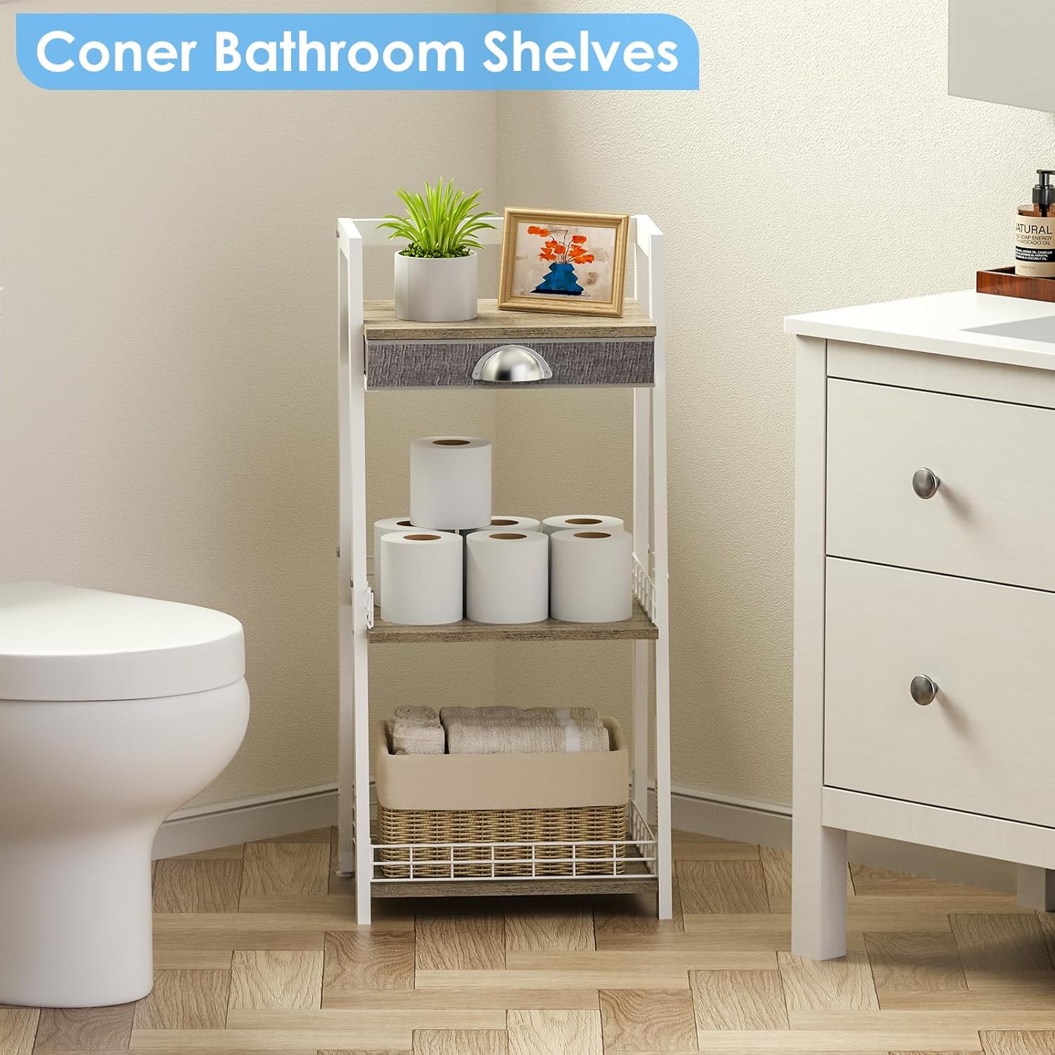 keomaisyto 3-Tier Small Bathroom Shelves with Drawer, Floor Storage Shelf, Small Bathroom Stand Rack, Freestanding Ladder Shelf for Living Room Bedroom, White