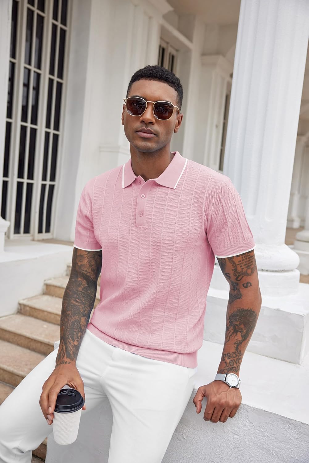 COOFANDY Mens Knit Polo Shirts Short Sleeve Ribbed Textured Polo Shirt Lightweight Casual Golf Shirts Collared T Shirt