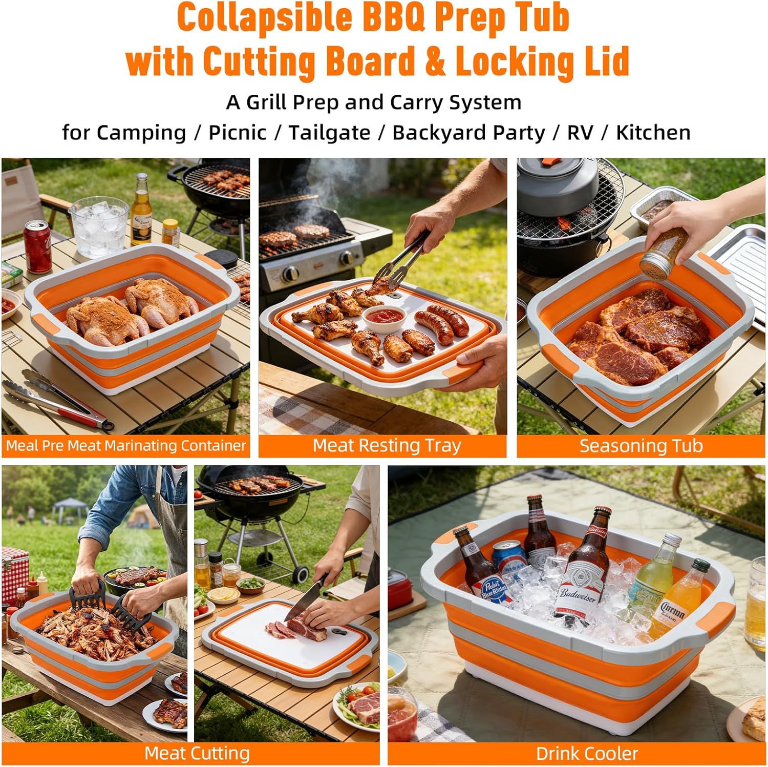8L Collapsible BBQ Prep Tub with Locking Lid Cutting Board for Marinating Food Storage - Portable Wash Basin Colander for Kitchen Camping Sink - Foldable Bucket for Household Baking Picnic Tailgate