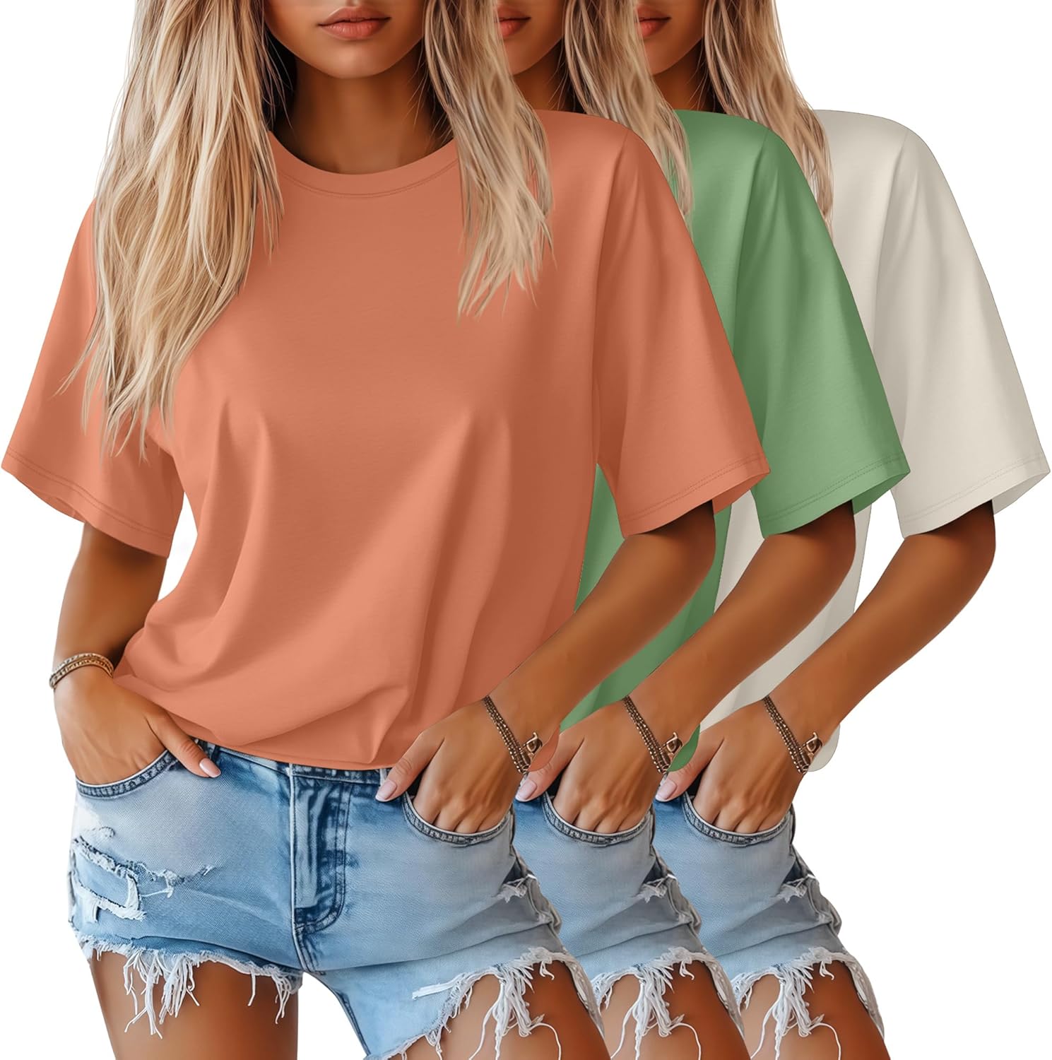 Huukeay 3 Pack Women's Half Sleeve T-Shirts, Crew Neck Elbow Length Tops Loose Casual Basic Tees Summer Cotton Tunic Tops