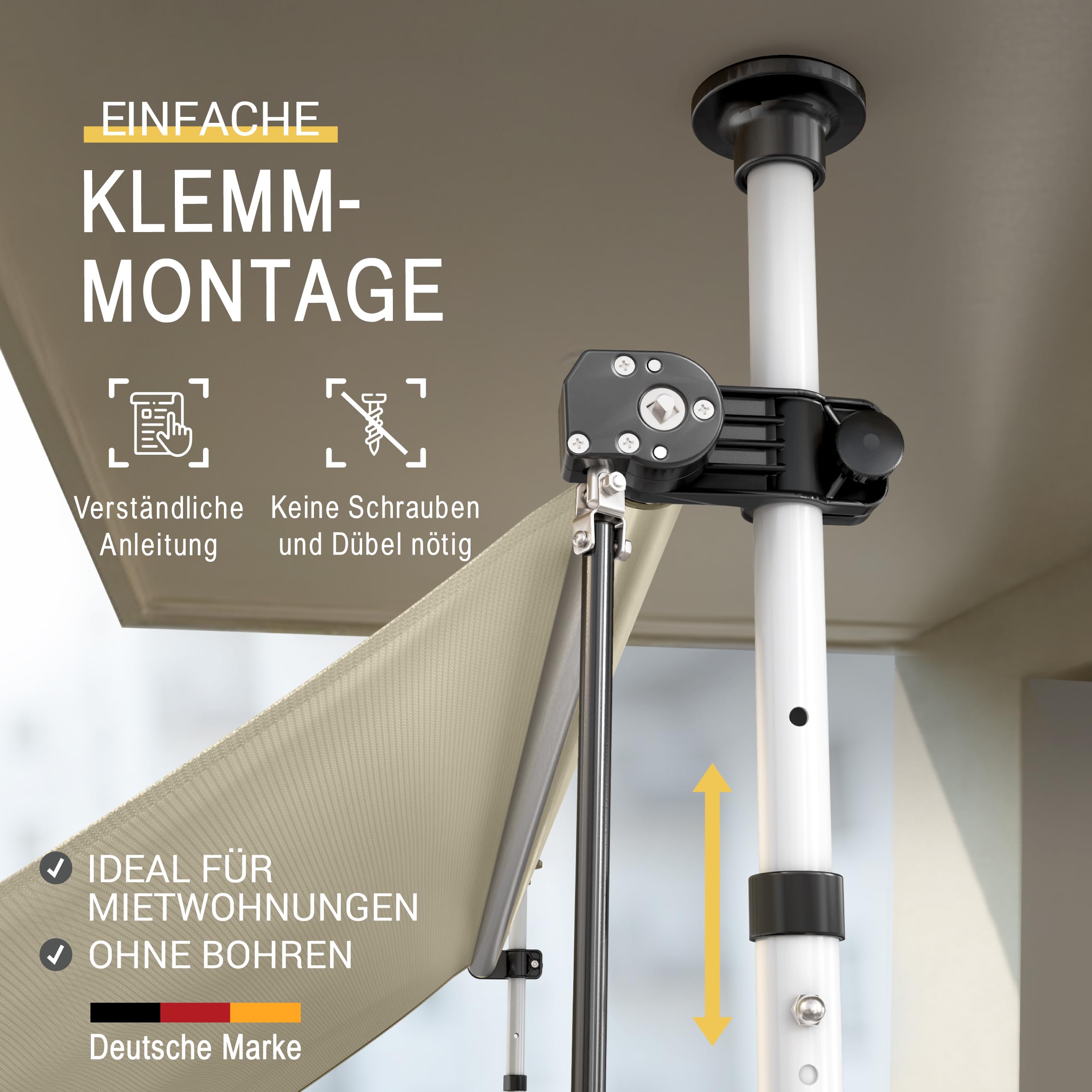 Sol Royal Klemmmarkise 2m breit ohne Bohren – Klemm-Markise mit Handkurbel Balkon Terrassen Sonnenschutz - Standmarkise Beige UV-Beständig Balkonmarkise zum Klemmen Witterungsbeständig BM3