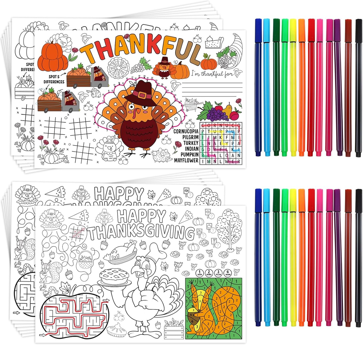 Amazon.com: 12 Pcs Thanksgiving Coloring Placemats with 24Pcs Paint ...