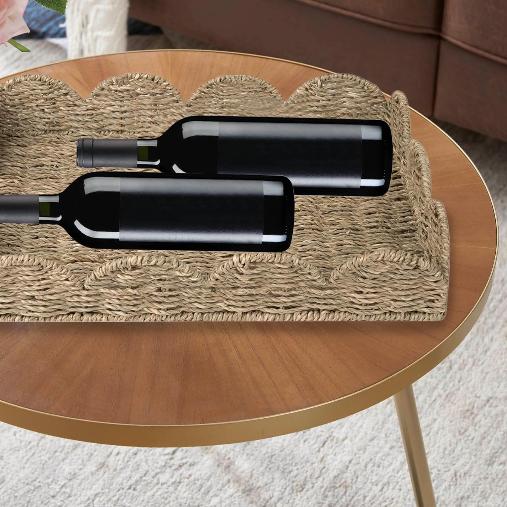 Bandeja rectangular de mimbre de hierba marina rústica con borde festoneado, 19.7 x 14.6 x 3.9 pulgadas, ideal para decoración del hogar, cocina, fiestas y entretenimiento