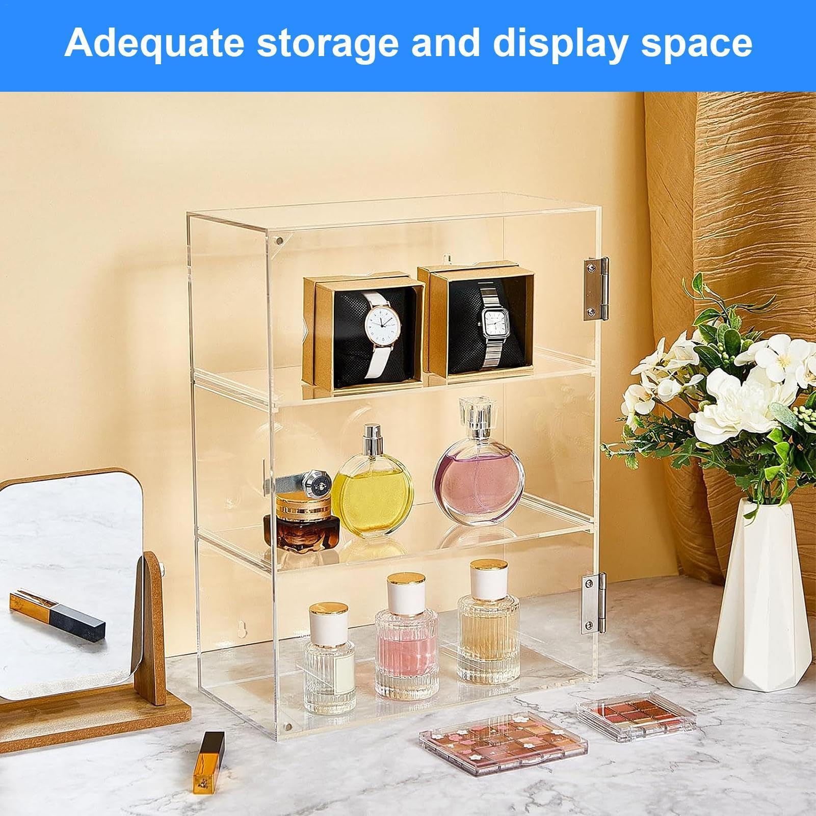 Display Storage Case with Shelves,3-Tier Showcase Clear Acrylic Countertop Cabinet with Lock Key | Acrylic Locking Shelf Organization for Collectibles, Crystals, Toys, Souvenirs, Books