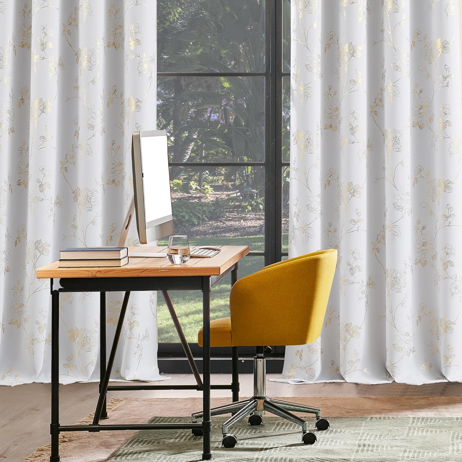 Floral Full Blackout Window Curtains 84 Inches Long for Bedroom White Gold Rose Drapes Room Darkening Thermal Insulated Noise Reduction Grommet Window Treatments Sets, 52" W, 2 Panels