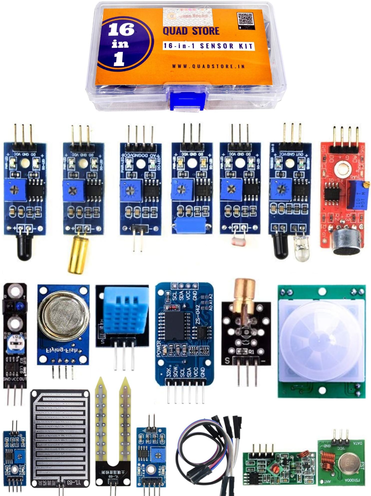Quad Store 16 in 1 Sensor Modules Kit Compatible with Arduino Uno R3, Uno R4 Minima, R4 WiFi, Mega 2560, Nano, ESP32, Raspberry Pi and NodeMCU