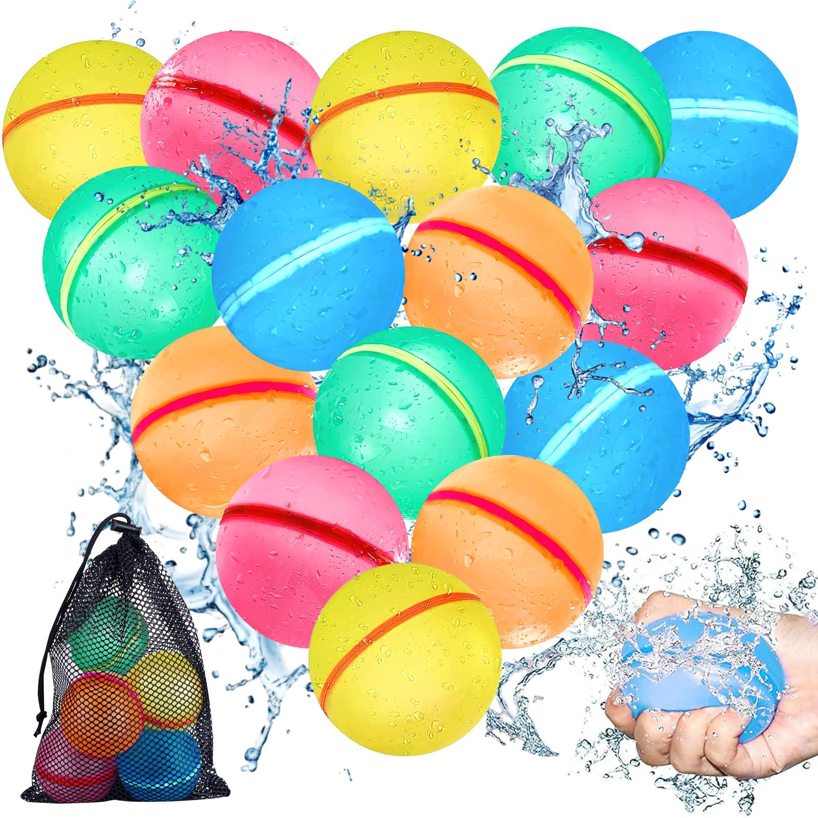 Balony Wodne Wielorazowe 15 Sztuk w 5 Kolorach, Magnetyczne Kulki Wodne z Silikonu z Woreczkiem Siatkowym, Zabawki Wodne dla Dzieci do Basenu, Plaży i Ogrodu