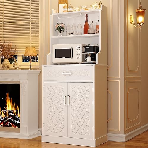 Armario de despensa de 66 pulgadas con estantes y cajón ajustables, soporte independiente para microondas con soporte para copas de vino, gabinete
