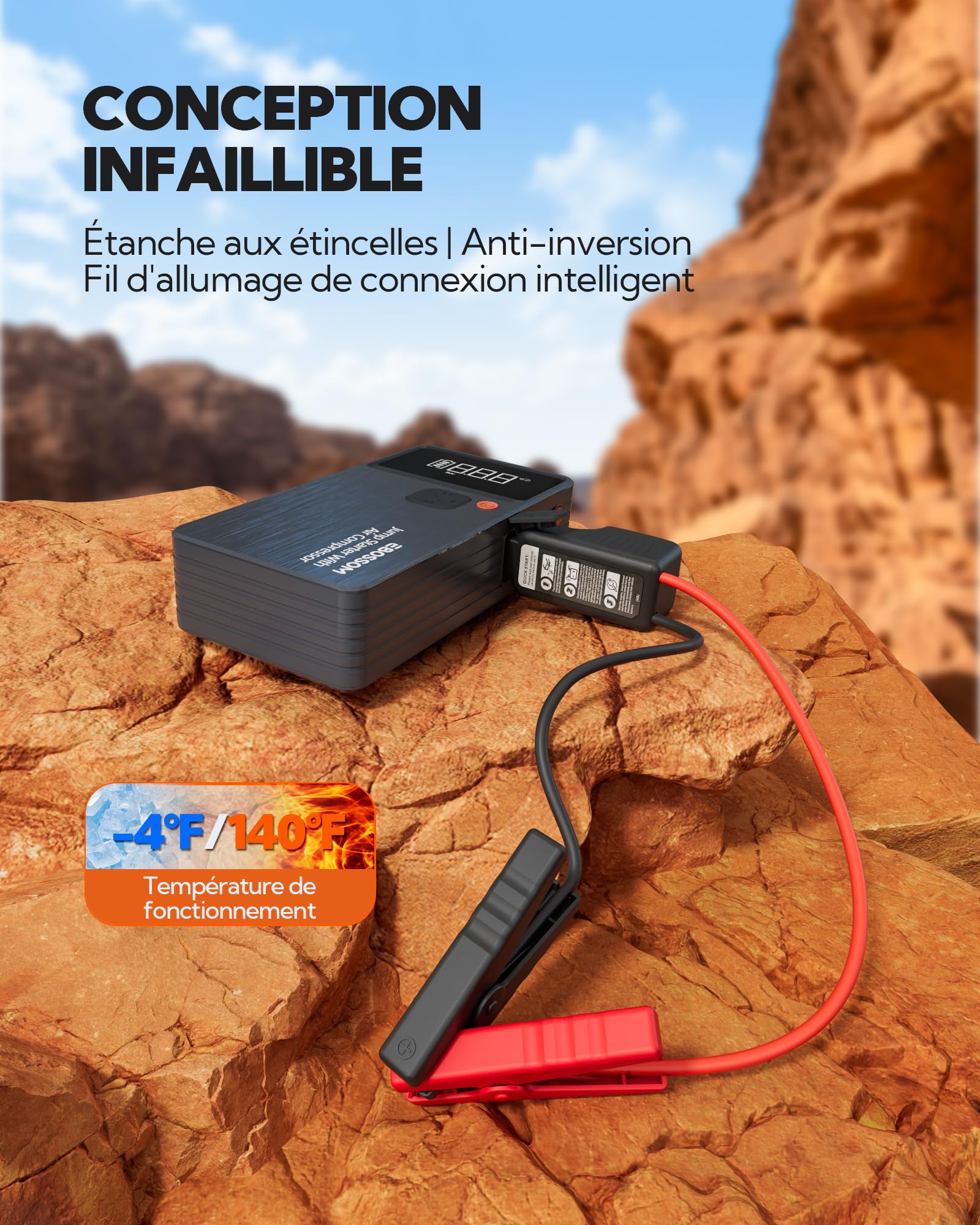 Booster Batterie Voiture avec Gonfleur,Demarreur Batterie Voiture avec Compresseur d'air Portable 7en1,Jump Starter Boost pour Moto de 12000 mAh,Booster d'urgence avec Lampe LED,Charging USB-C