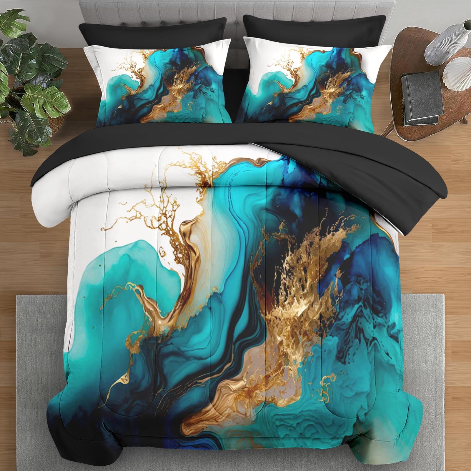 Pamnest Comforter Set Full Size, Mint Green Marble Gold 7 Pcs Bedding for Kids and Adults, Teal Turquoise Blue Bed Sheet Sets with Fitted Sheet 2 Pillowcase & 2 Sham for Bedroom Bed Decor