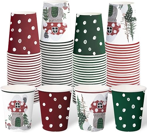 WRAPAHOLIC 100 Pcs Christmas Paper Cups - 9 oz Mushroom House, Gnome and Polka D