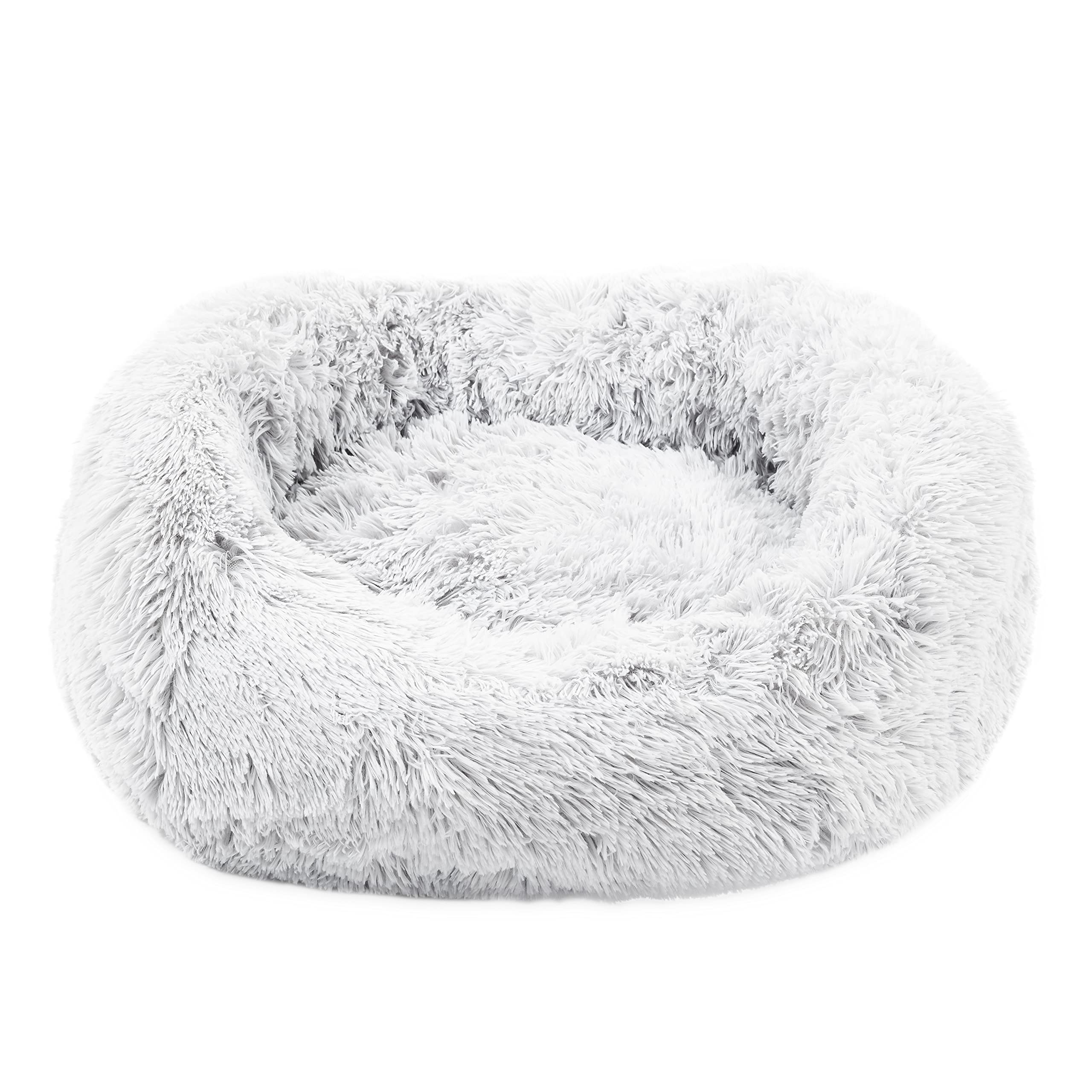 Ultra Grey Plush Donut Dog Bed Round Medium Calming Anti Anxiety Relief Dog Bed Washable with Anti Slip Bottom Suitable for Adults or Puppy Dogs Fluffy Comfy Doughnut Bed Pet Beds for Dogs or Cats