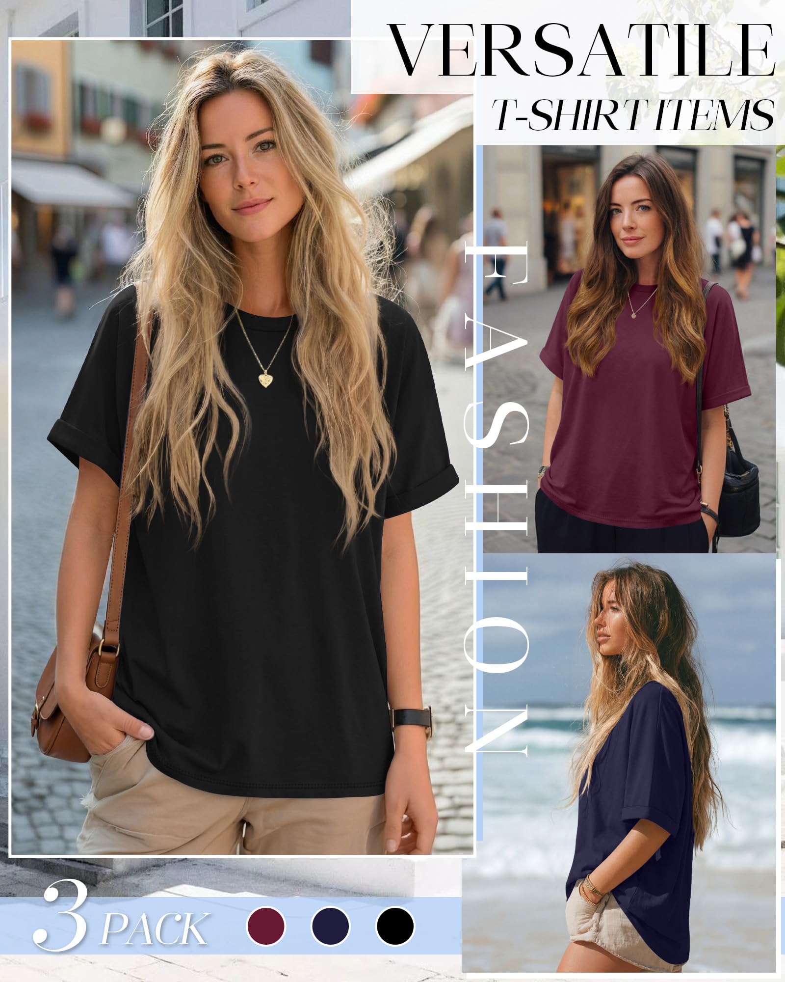 Riyiper 3er-Pack Damen-Oversize-T-Shirts, Kurzarm-Sommer-T-Shirts, Lässige, Lockere Passform, Rundhalsausschnitt, Basic-Tops