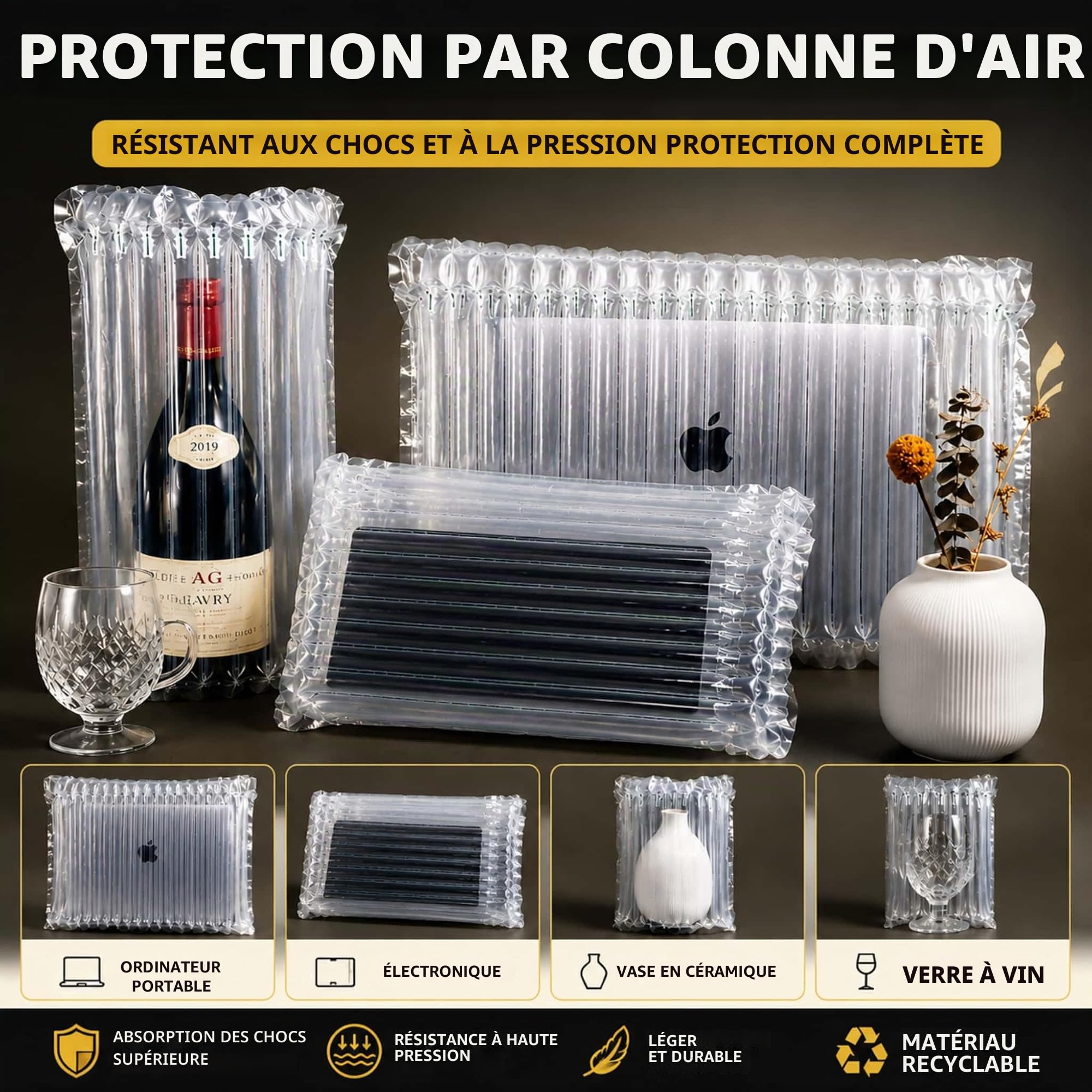Grand rouleau de papier bulle gonflable pour coussin d'emballage - 400 mm x 50 m - Colonne d'air - Rouleau à bulles pour usage intensif - Fournitures d'expédition pour magasin en ligne, colis de