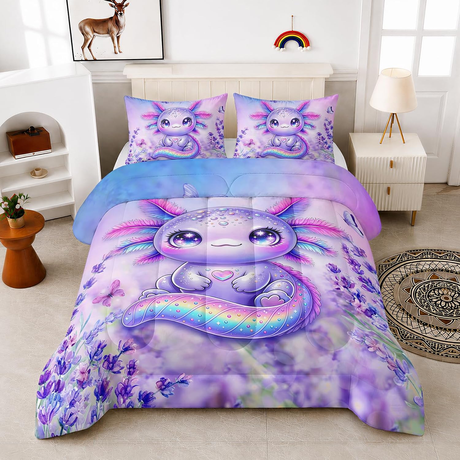 Cute Axolotl Kids Comforter Sets Full Size with 2 Pillowcases.