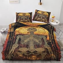 Skeleton Duvet Cover Full 3 pcs, Skull Bedding Set, Super Soft Microfiber, 2 Pillow Sham, Zipper Closure Corner Ties, Abstract Art Decor & Gifts GHF33sJ