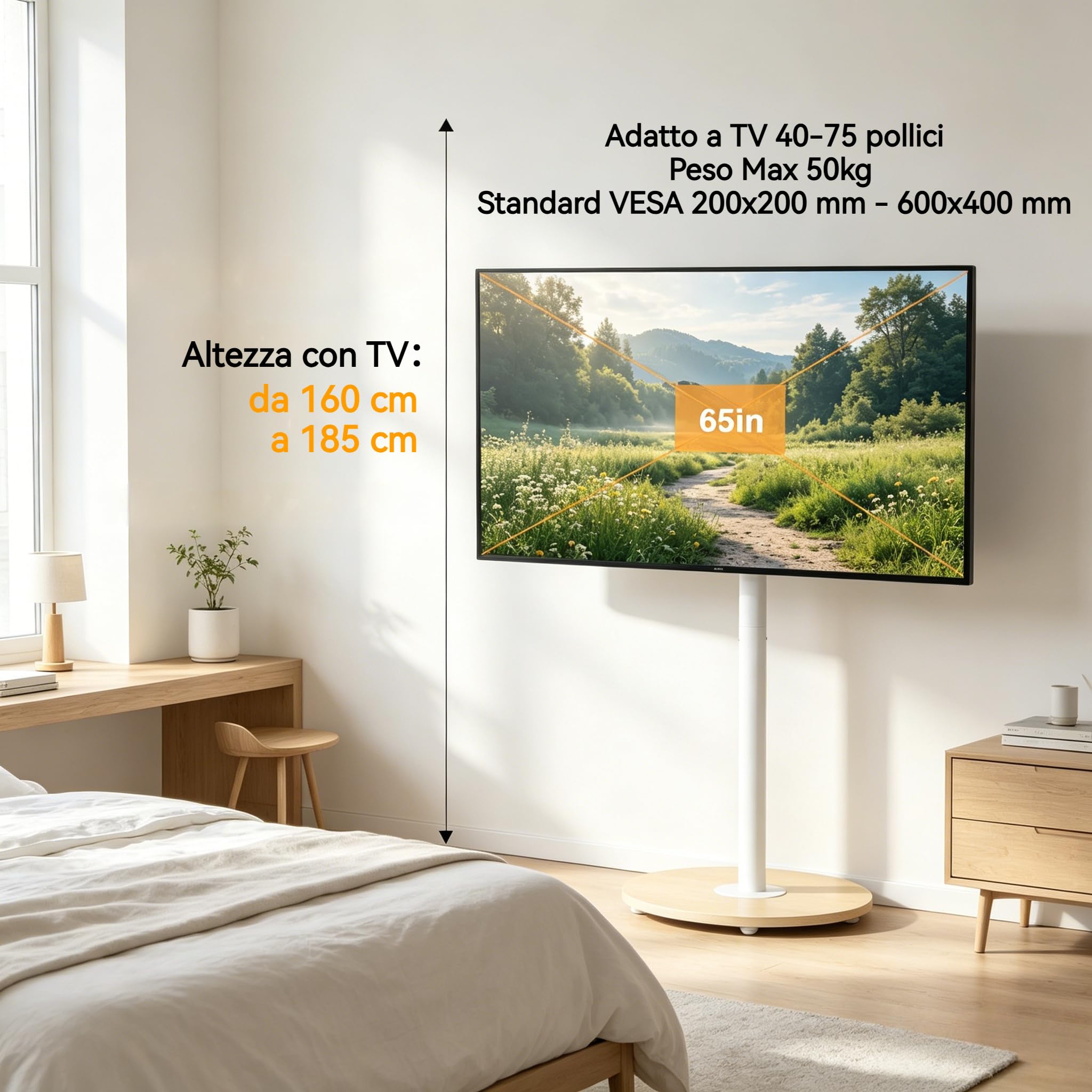 Supporto TV da Pavimento con Ruote Nascoste Legno Base per 40-75 Pollici Peso Max 50kg Max VESA 600x400mm, Regolabile in Altezza, Bianco