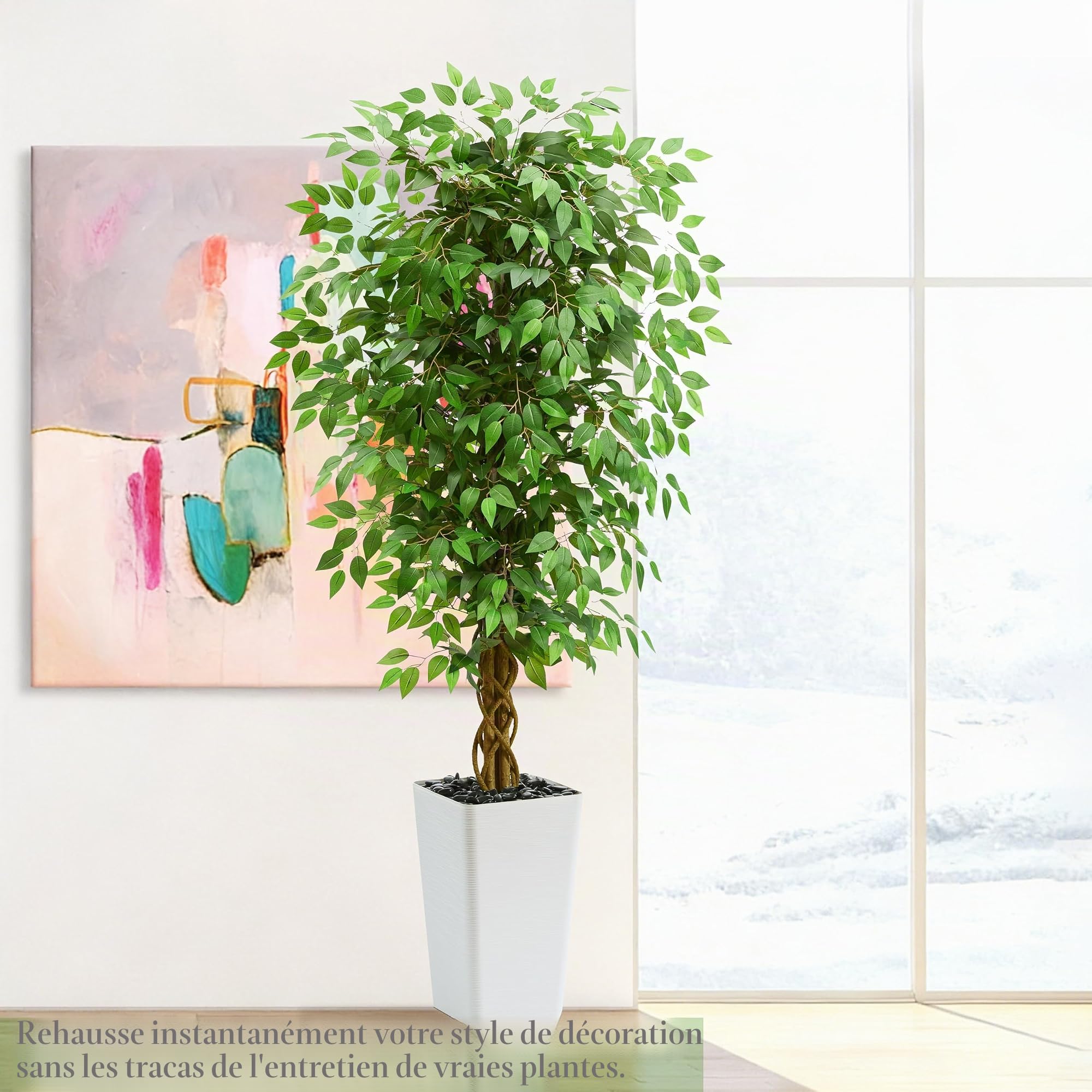 150cm Plantes Artificielles Ficus - Grande Arbre Artificiel, avec Troncs Incurvés Naturels, Fausse Plante pour Une Utilisation Intérieure et Extérieure, Bureaux, Salons ou Décoration de La Maison.