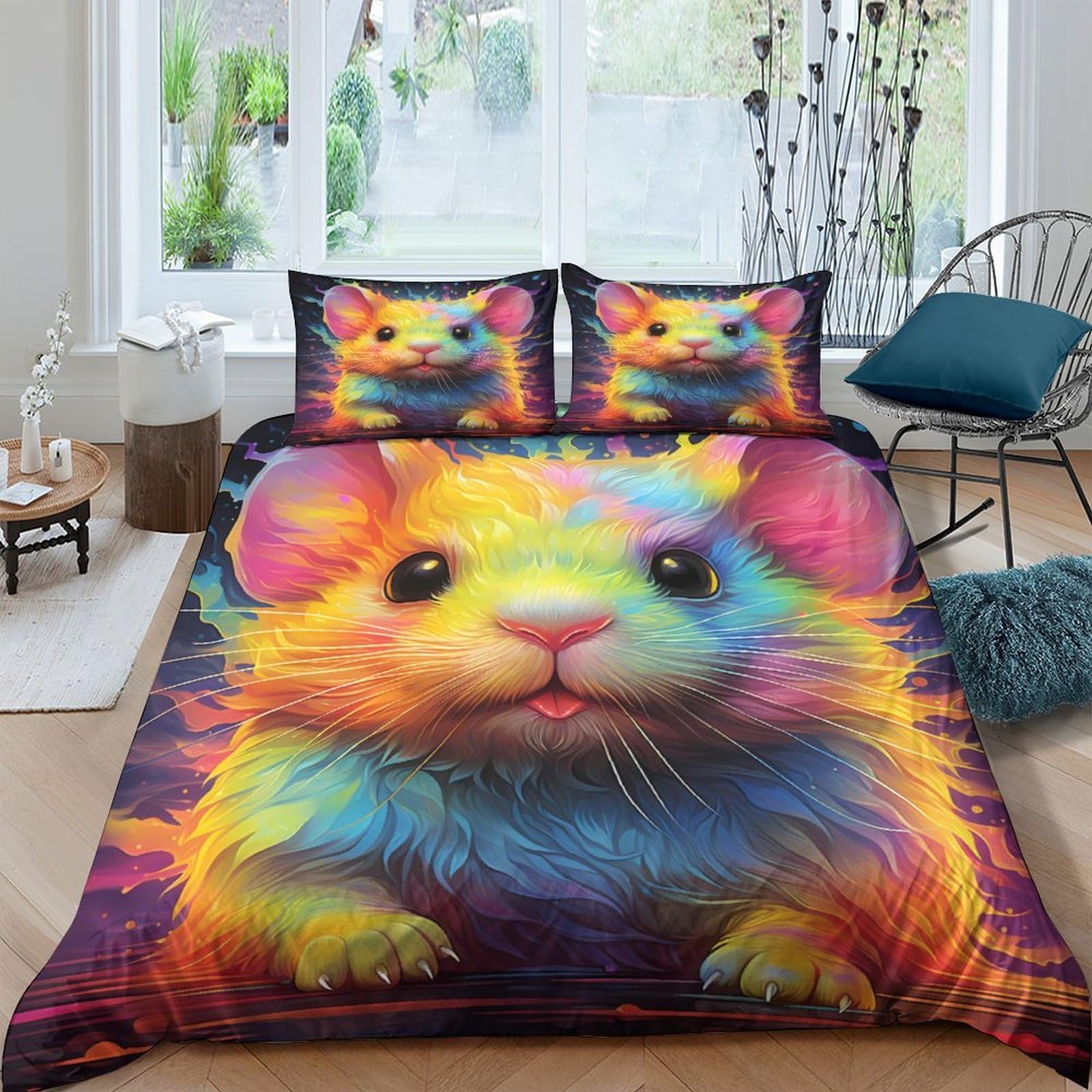 Ctjqhvkz Style-4 3D Printed Rainbow Hamster Fitted Sheet Microfiber Soft Non-Slip Animal Bed Cover For Bedroom Guest Room Mattress Decor Single（135X200cm）