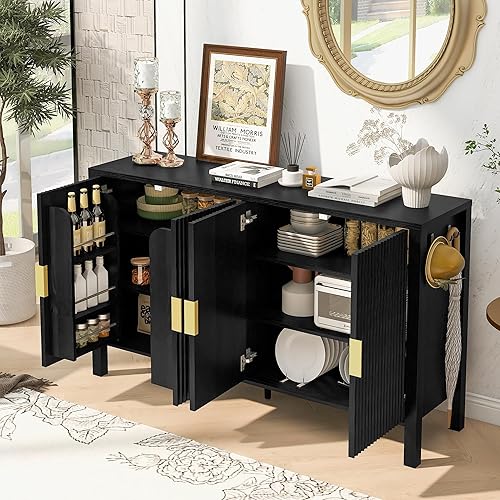 Miniatura 39 de Aparador moderno y elegante con patas y asas de metal dorado y estante ajustable, mesa consola clásica de 60 pulgadas, mesa de sofá, mesa de entrada