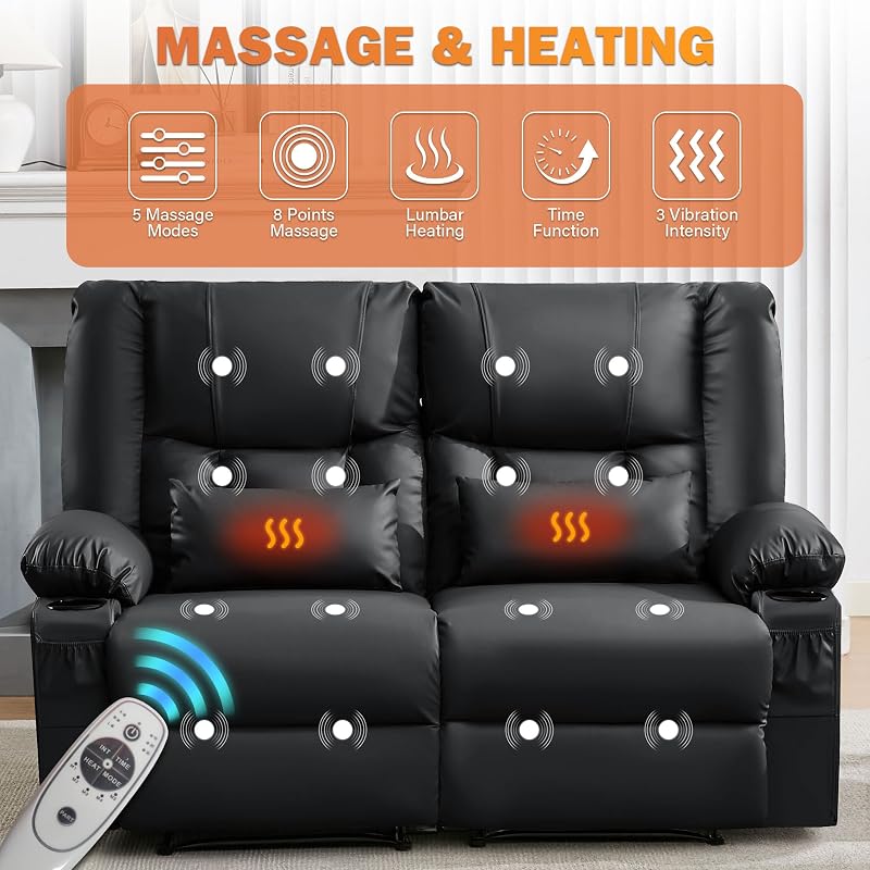 MAHOMICO Recliner Loveseat with Massage and Heating, with Cup Holders and 2 USB Port for Living Room Love Seat Manual Oversized Recliner image 3