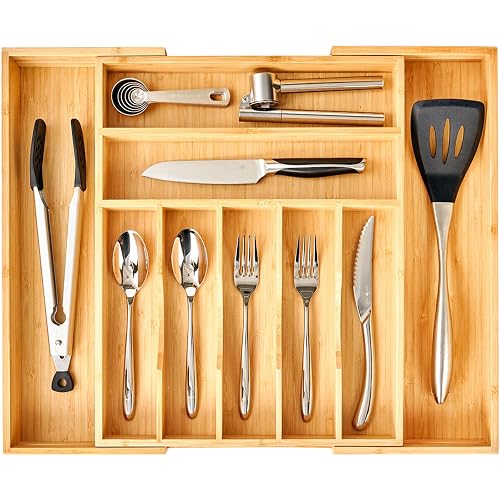 Large Expandable Kitchen Silverware Utensils Drawer Organizer, 2.5' Extra High Adjustable Drawer Divider with Curved Gro