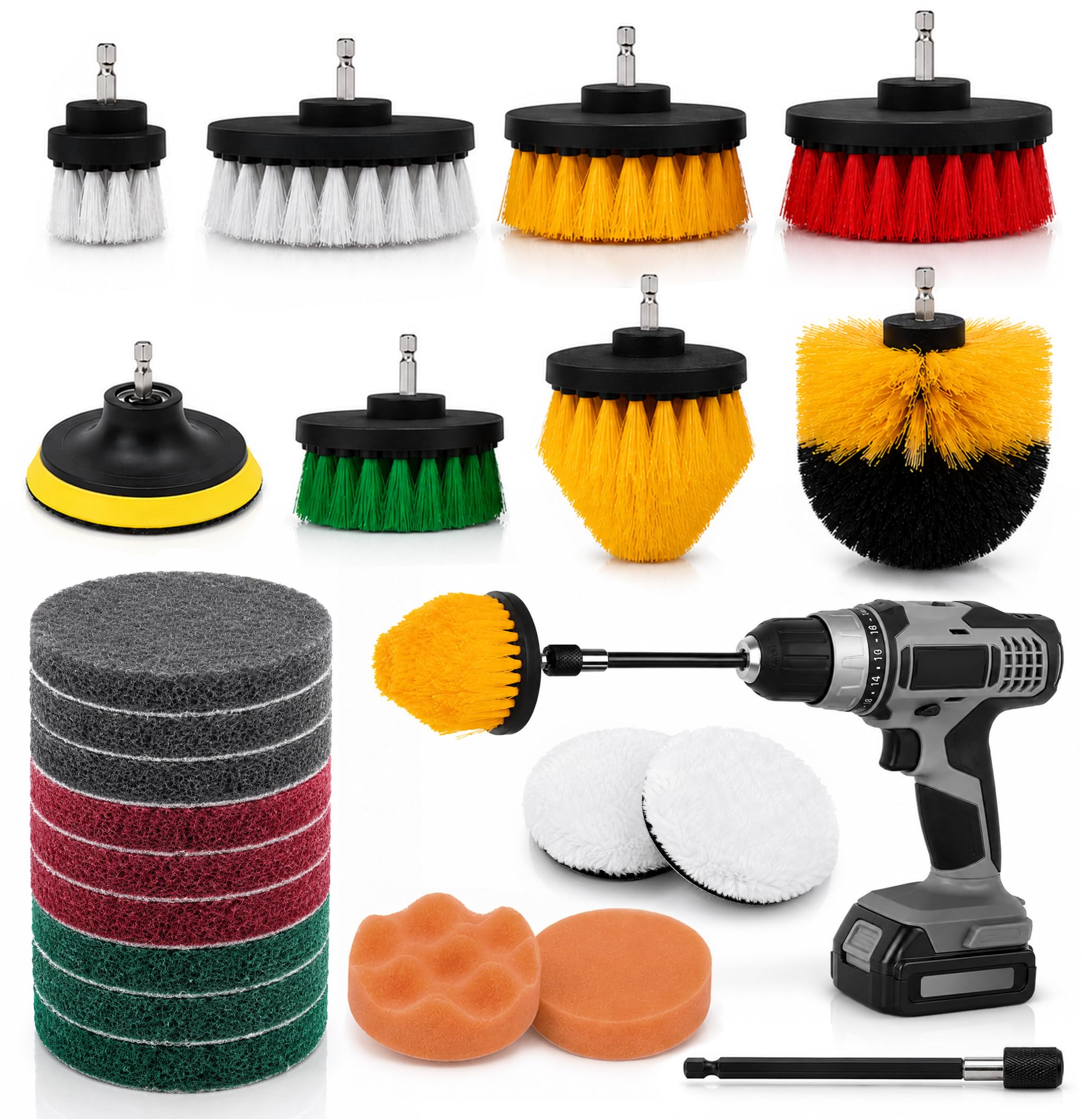 Drill Brush Attachment Set, 22 Pc Drill Brushes for Cleaning Bathroom, Kitchen, Car & Grout - Nylon Brush for Drill with Scrub Pads, Polishing Pads & Extension - Drill Cleaning Brush Set