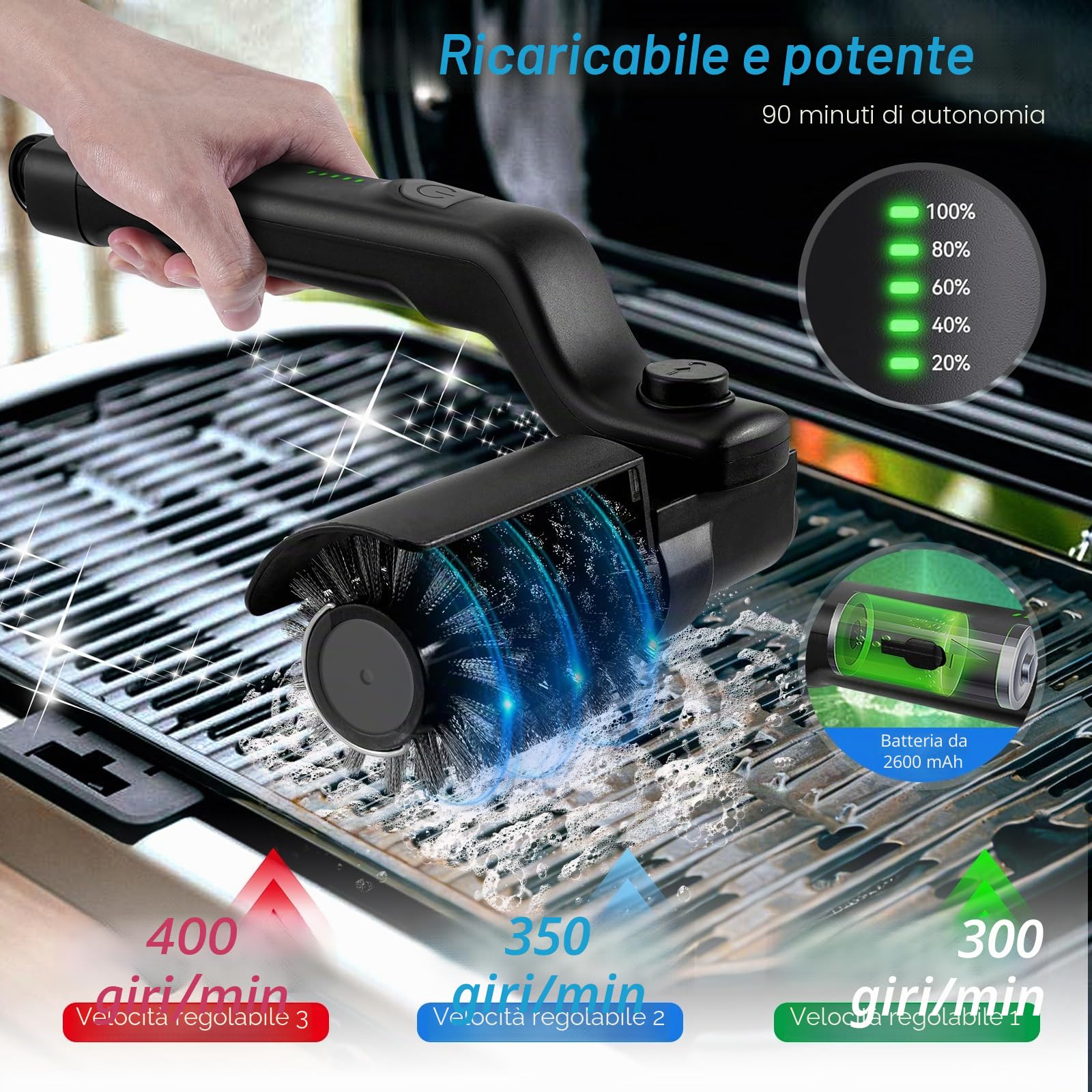 Spazzola Elettrica per Barbecue, Spazzola Ricaricabile per la Pulizia Del Griglia Senza Fili con 3 Velocità e 2 Testine, 180° Regolabile Setole Acciaio Inox Strumento di Pulizia per BBQ Griglia
