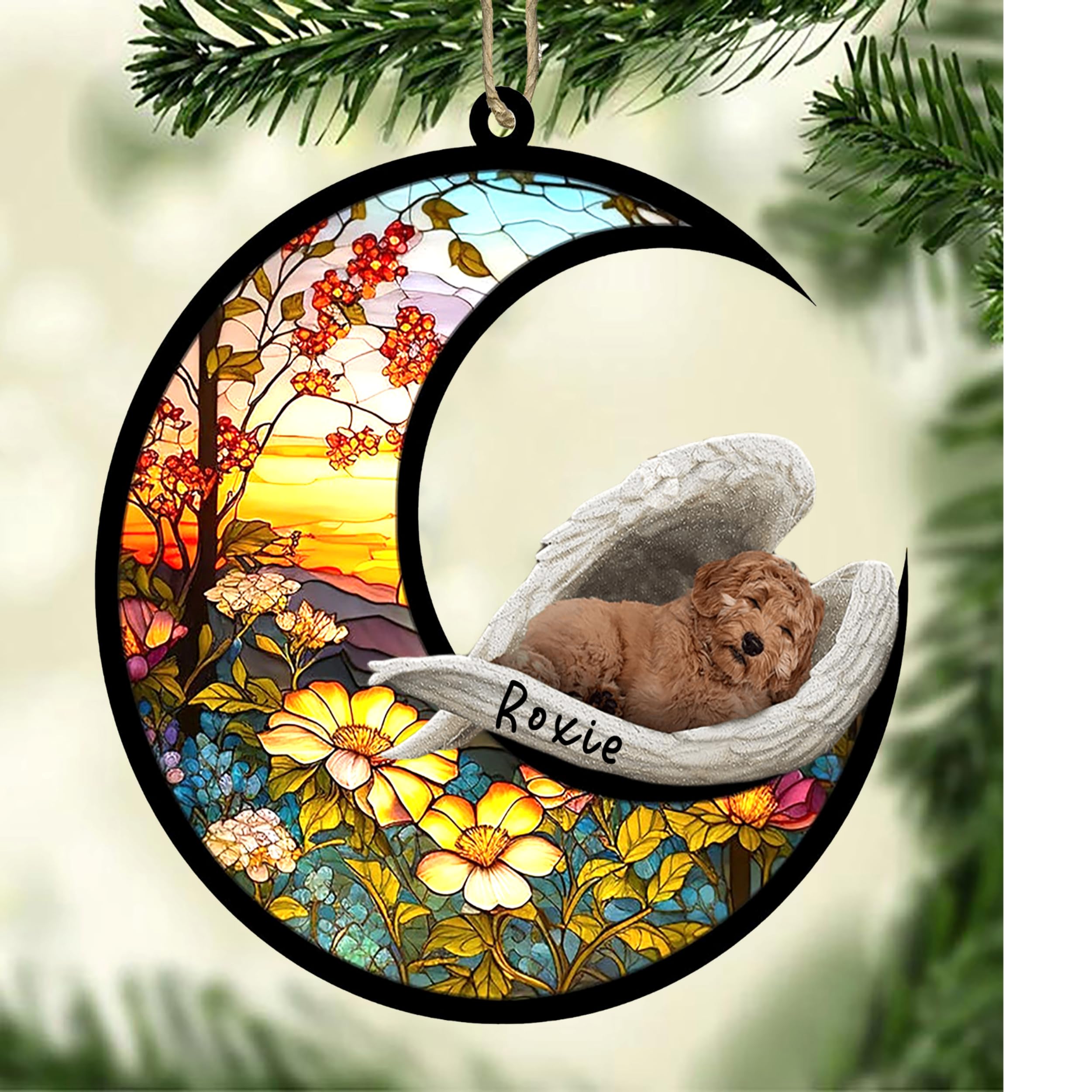 Personalized Labradoodle Dog Memorial Suncatcher, Labradoodle Christmas Ornament with Name, Pet Loss Catcher, Gifts for Dog Lovers Loss of Dog, Labradoodle Sleep on Haven