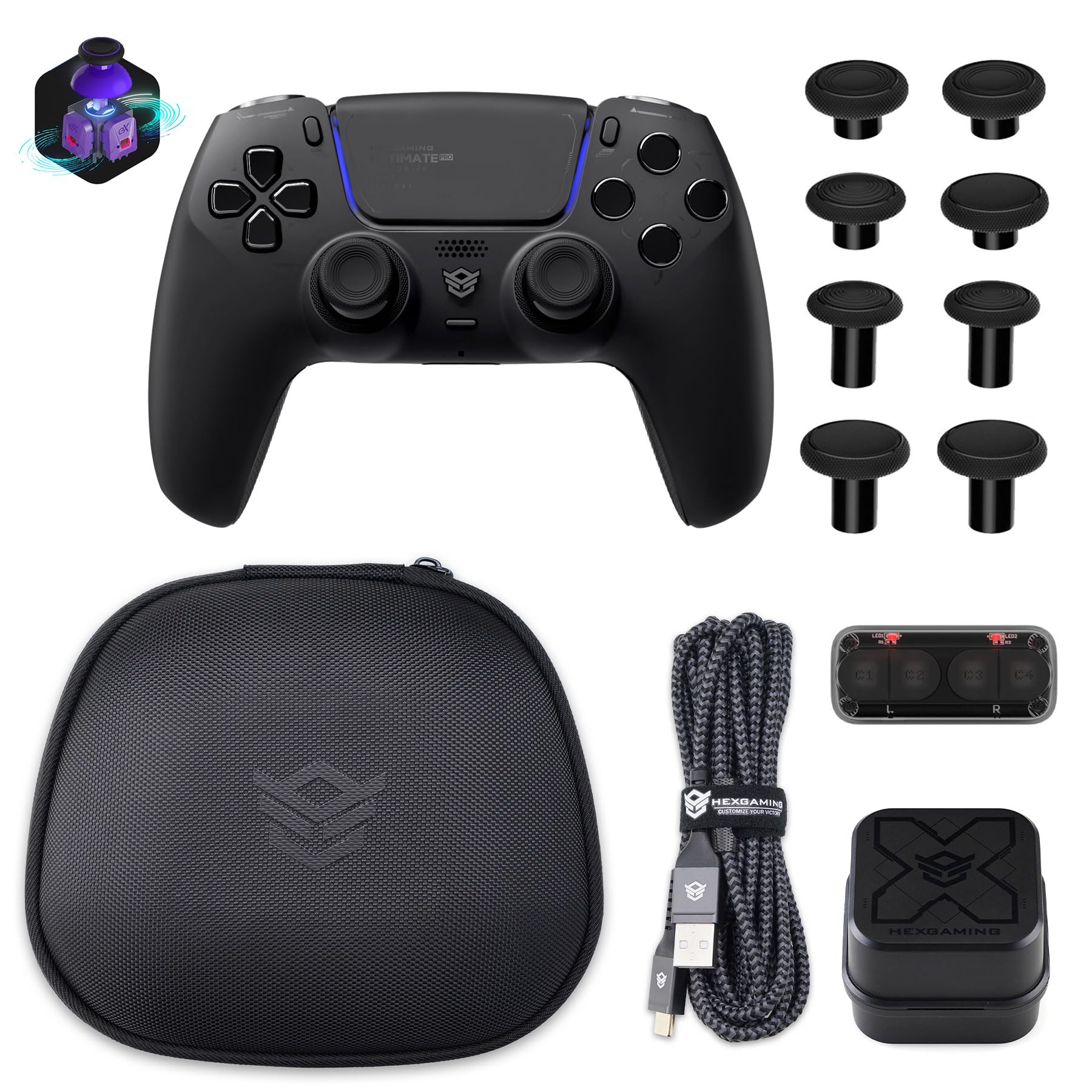 HEXGAMING ULTIMATE PRO Controller per ps5/PC,Wireless/USB Joystick Pro | 4 Tasti Posteriori Rimappabili&8 Levette Analogiche Effetto Hall&6 Profil&Trigger Grilletti Regolabili,Nero Chaos